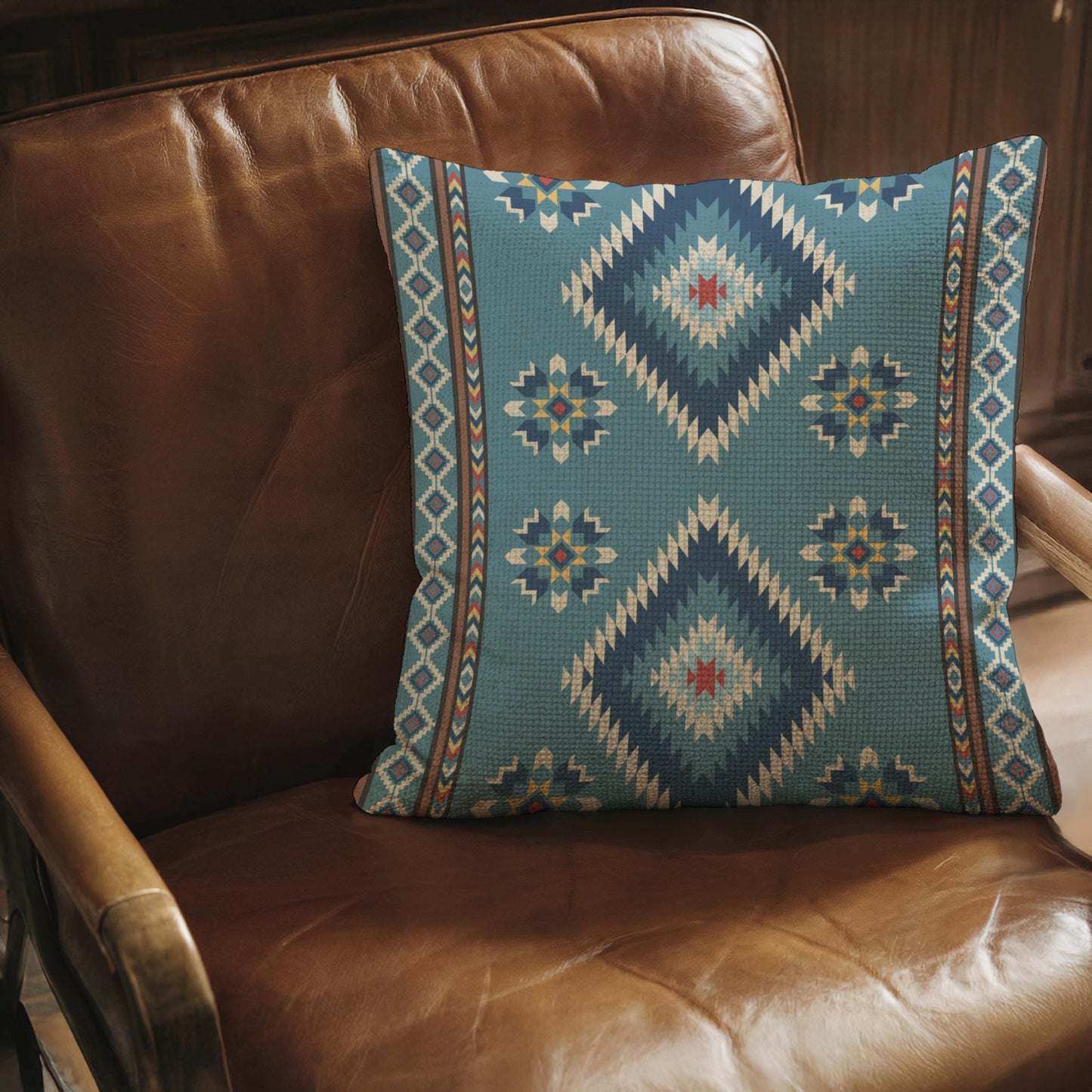 Southwestern throw pillow with geometric pattern styled on a sofa or bed