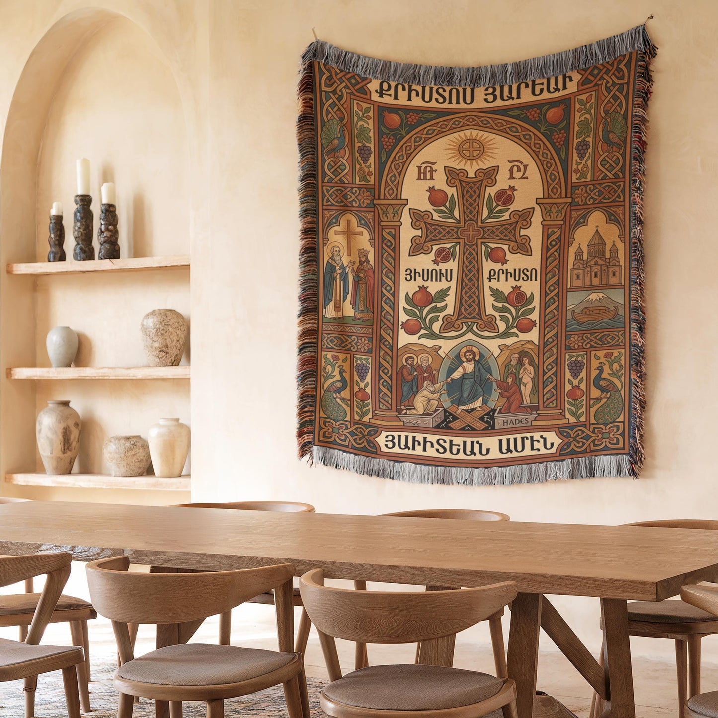 Dining nook, Armenian Christian wall tapestry above rustic table, muted blue and gold decorative tones