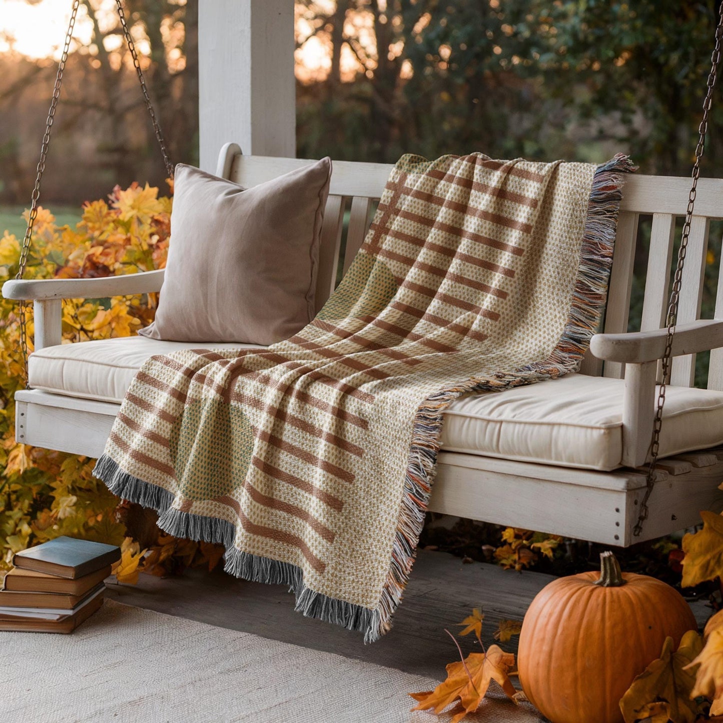 Scandinavian Inspired woven blanket with woven pattern styled for layered home decor