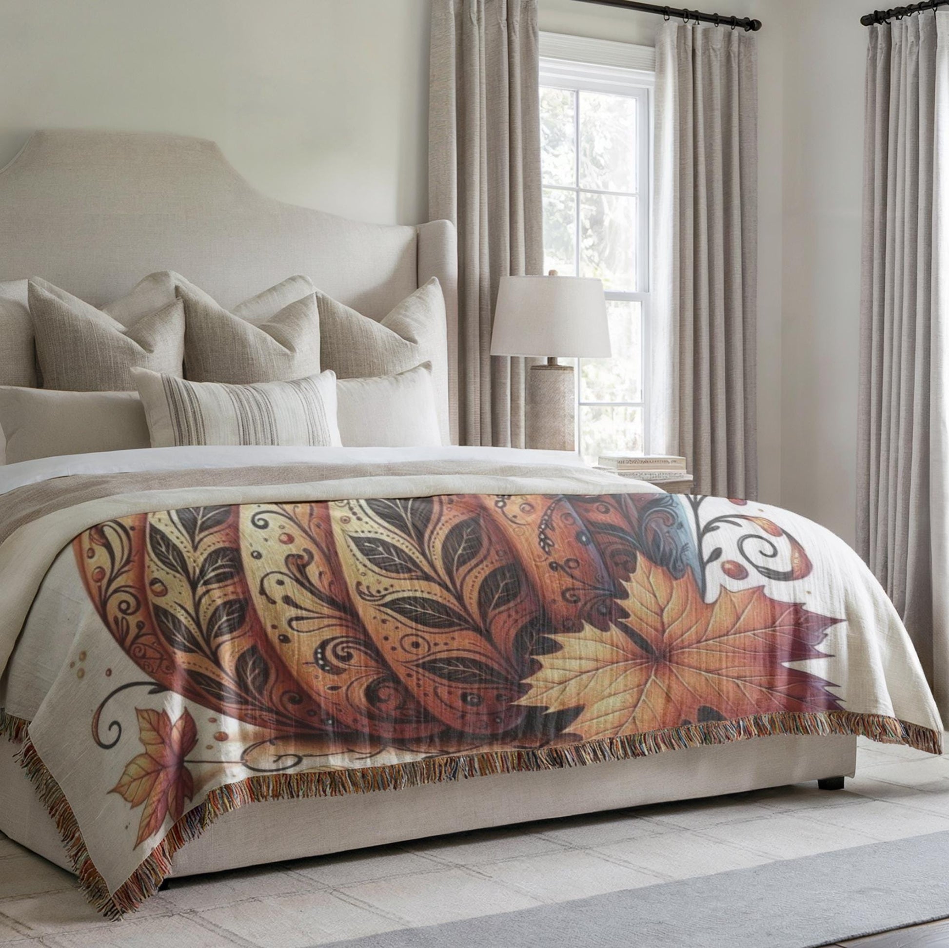 Thanksgiving Pumpkin Blanket - Cozy Cotton Woven Throw With Fringed Edges