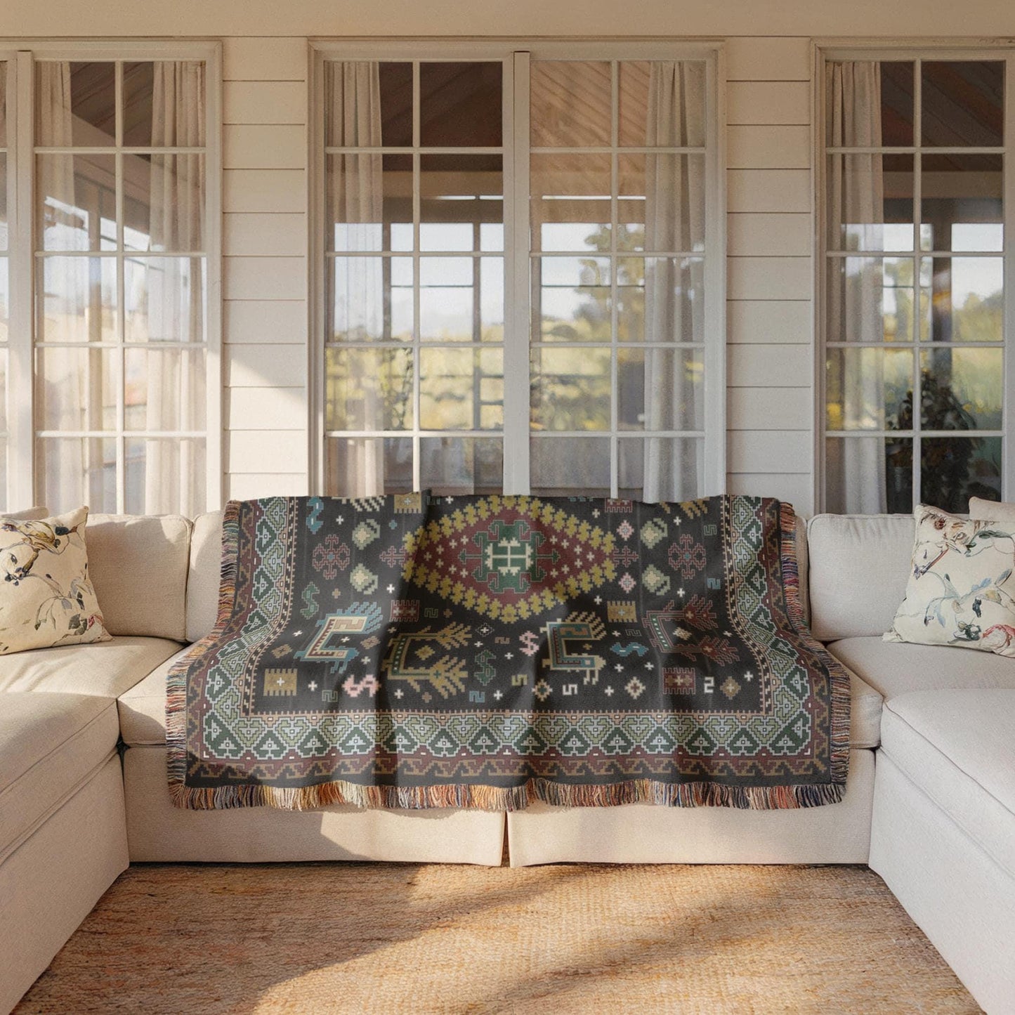Caucasian Rug Inspired woven wall tapestry with geometric pattern styled as textile wall decor