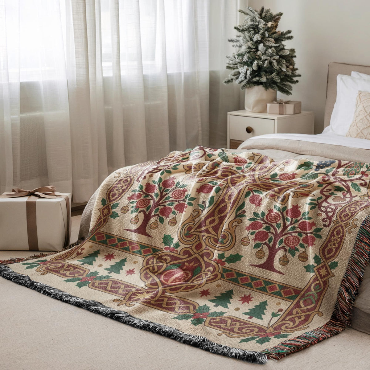 a cozy bedroom scene with a bed, a decorative tree, and a gift box on the floor.