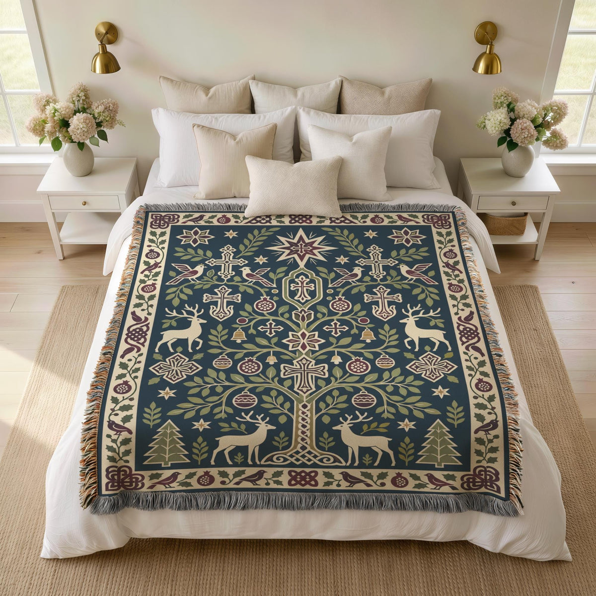 Armenian deer and pomegranate blanket spread over a bed with white pillows and flowers on the nightstands