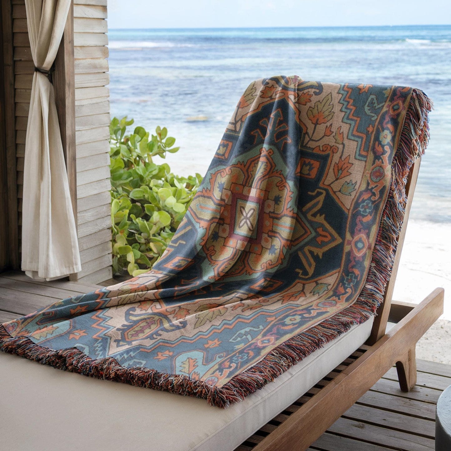 Moroccan Inspired outdoor woven throw blanket with rug-style pattern for patio styling