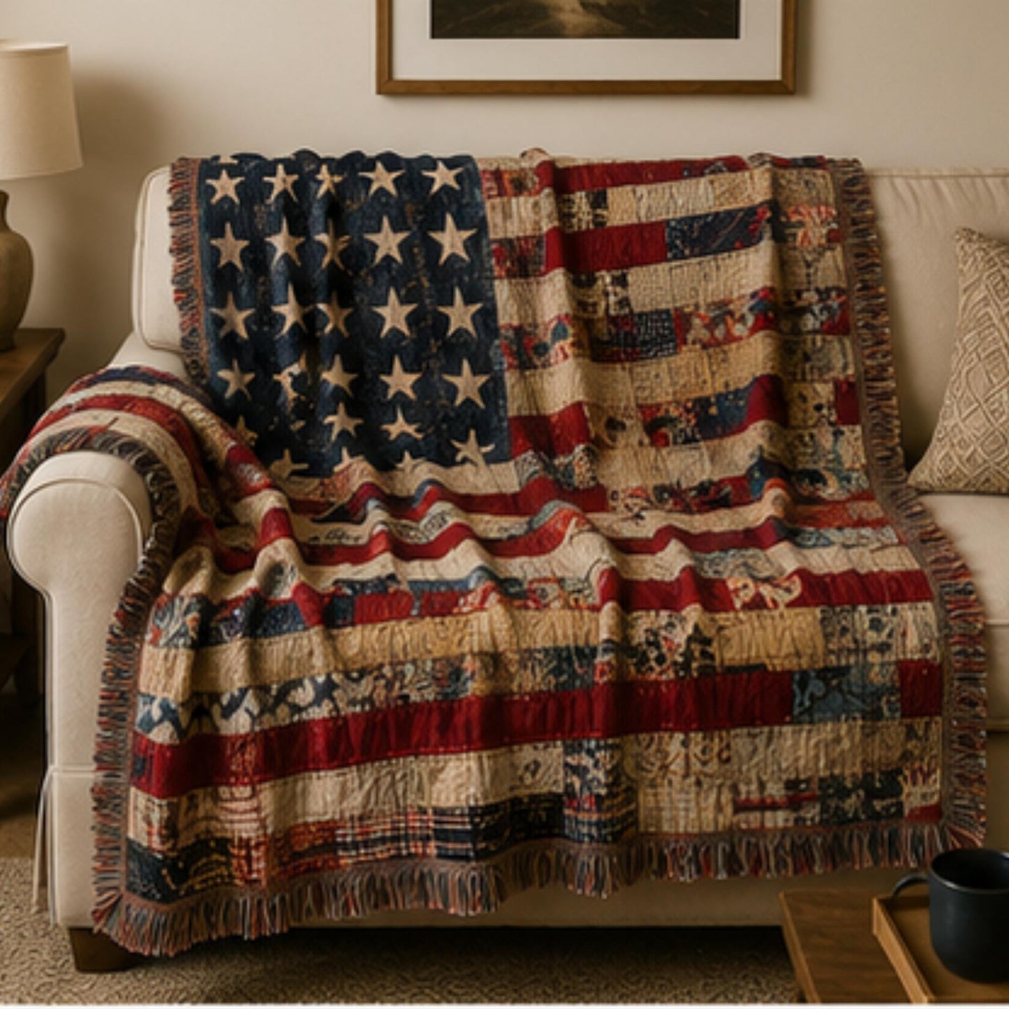 Southwestern woven blanket with geometric pattern styled for layered home decor