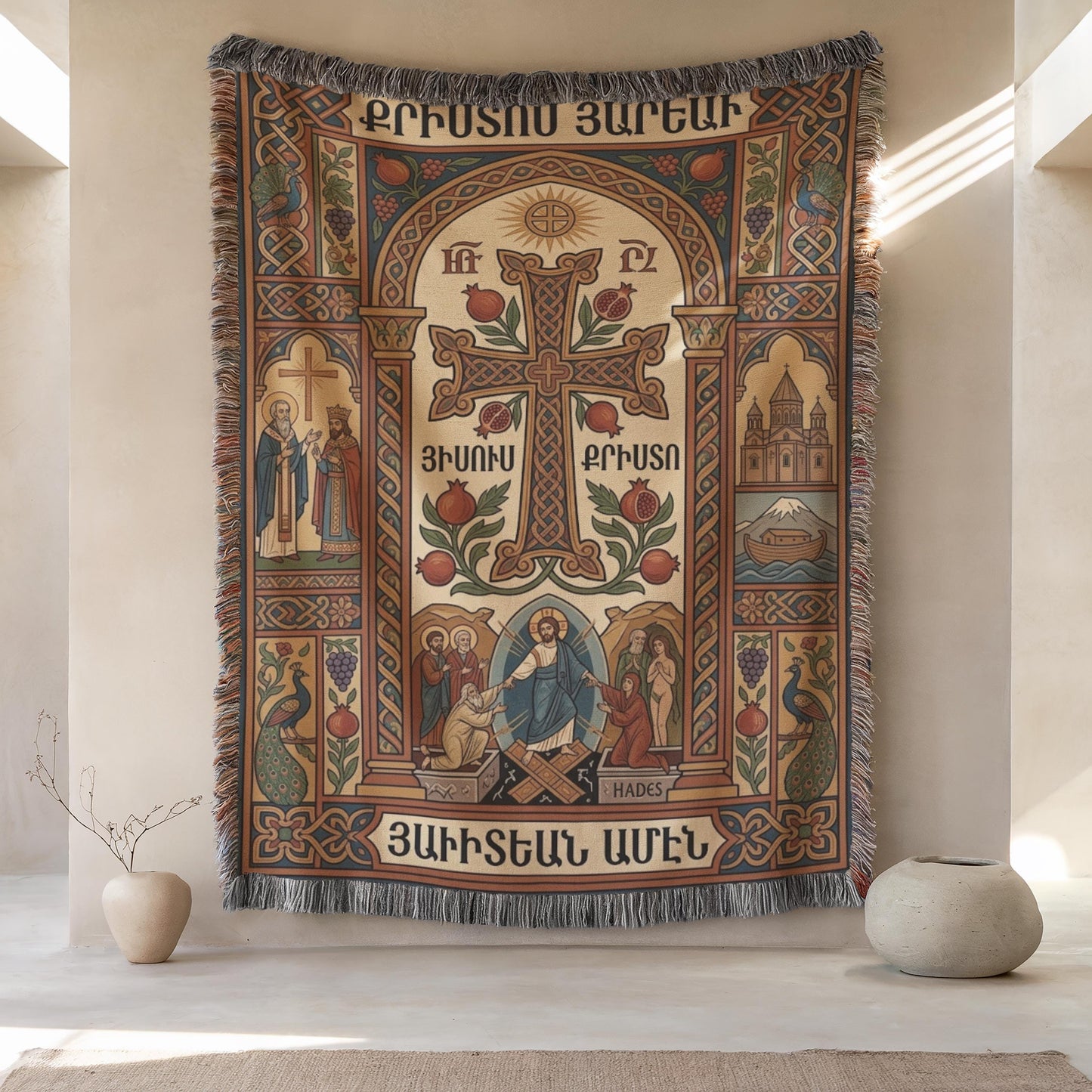 Close frontal view, Christ is risen scene on Armenian Christian wall tapestry, antique palette