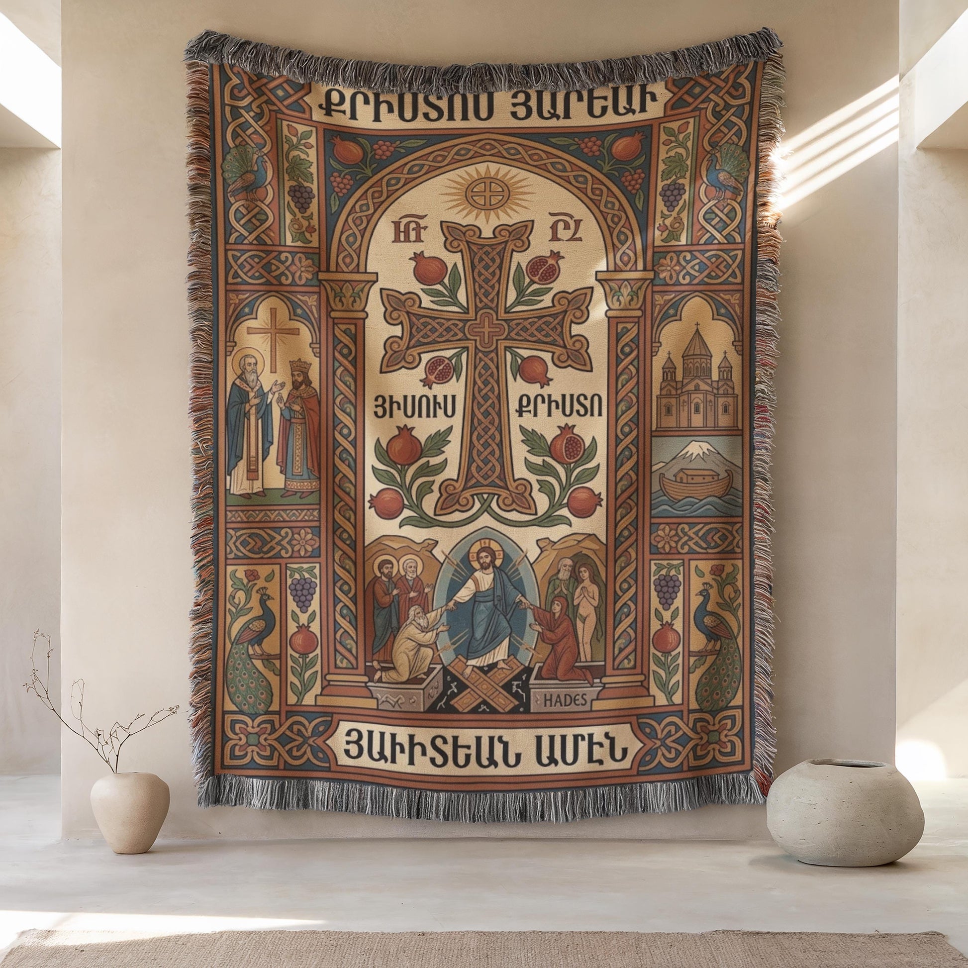 Close frontal view, Christ is risen scene on Armenian Christian wall tapestry, antique palette
