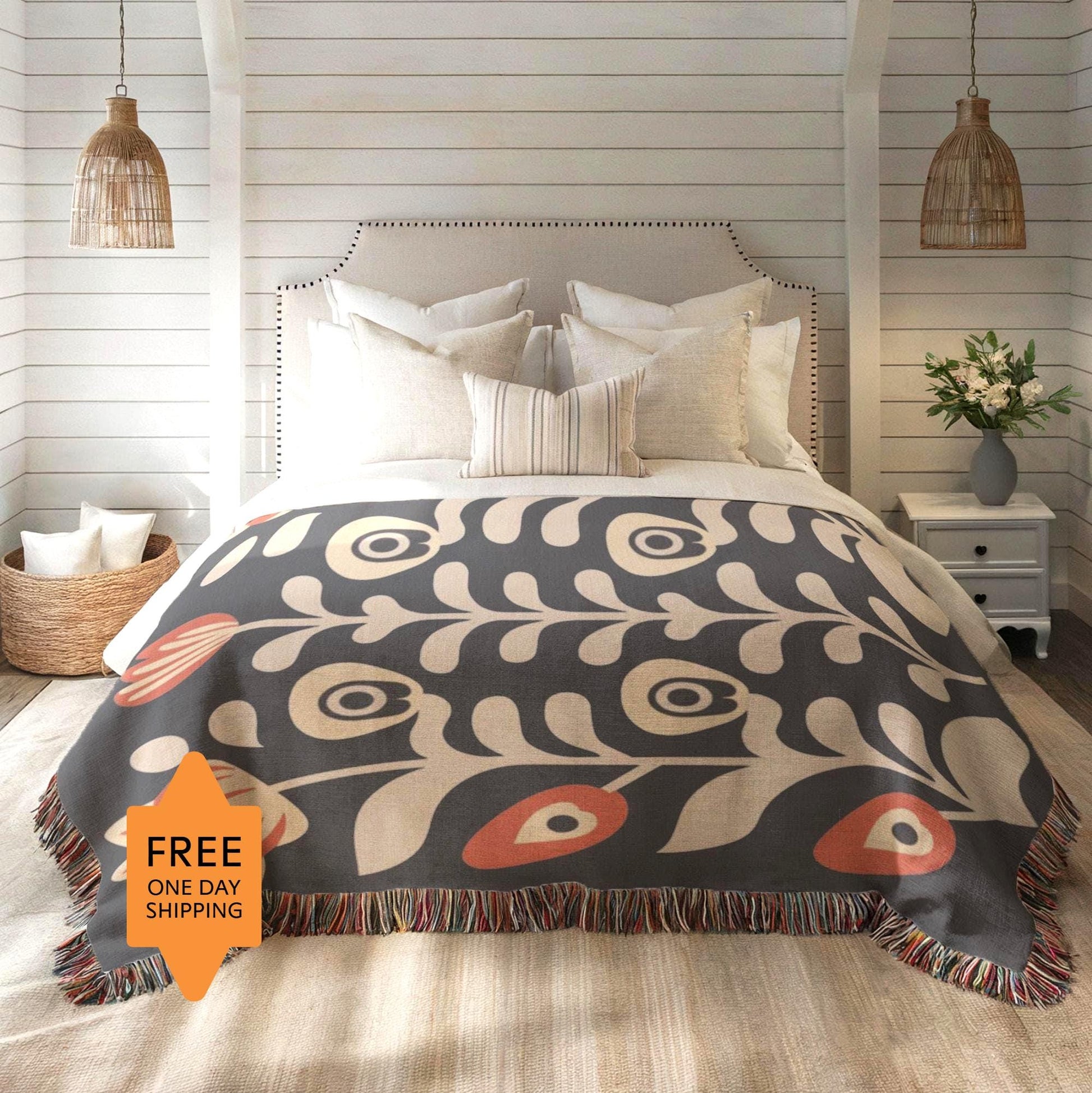 Boho Chic Blanket - Artistic Floral Cotton Woven Throw, Cozy Bedroom Accent & Housewarming Gift