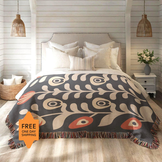 Boho Chic Blanket - Artistic Floral Cotton Woven Throw, Cozy Bedroom Accent & Housewarming Gift