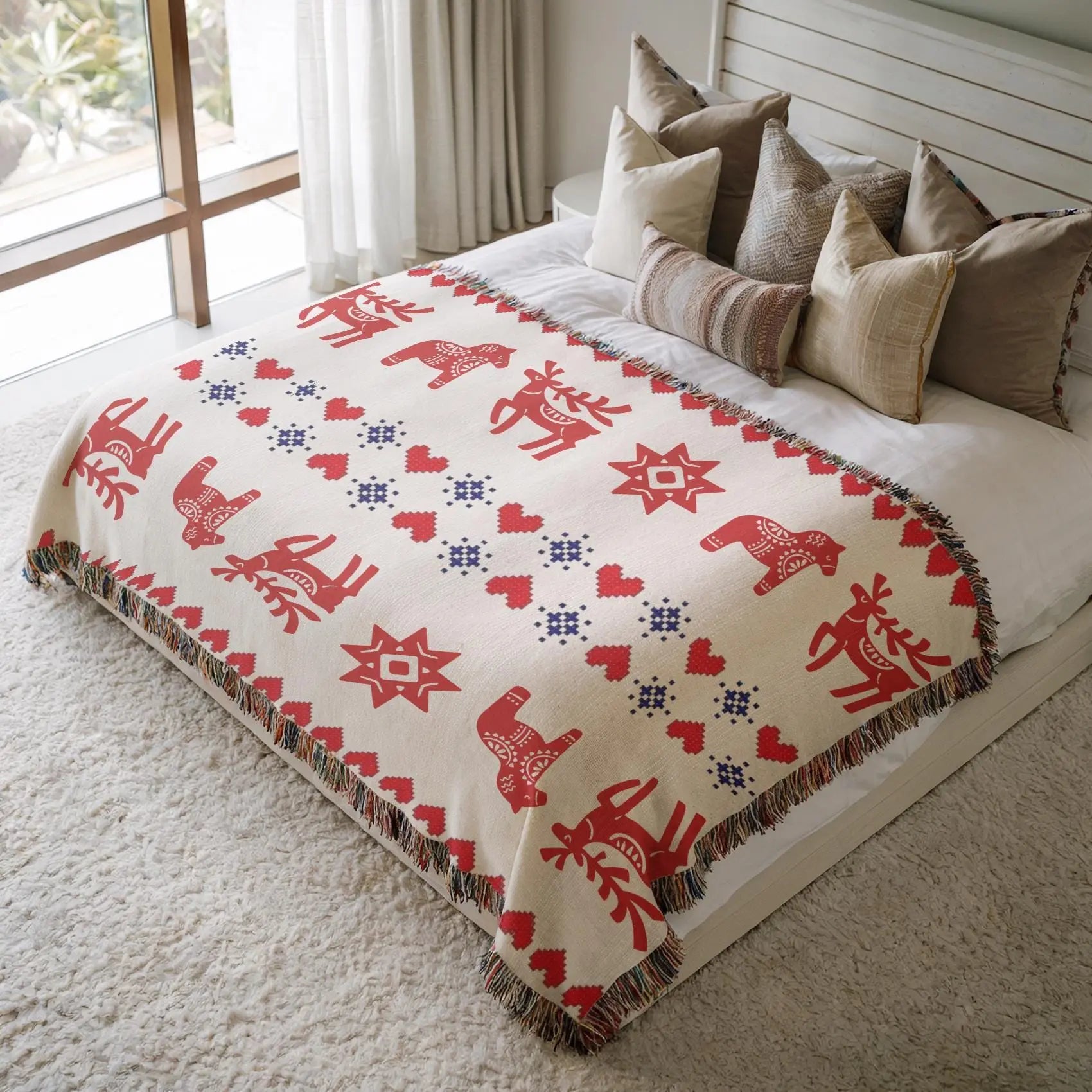 Swedish Woven Blanket - Nordic Throw Blanket With Dala Horse & Reindeer Design