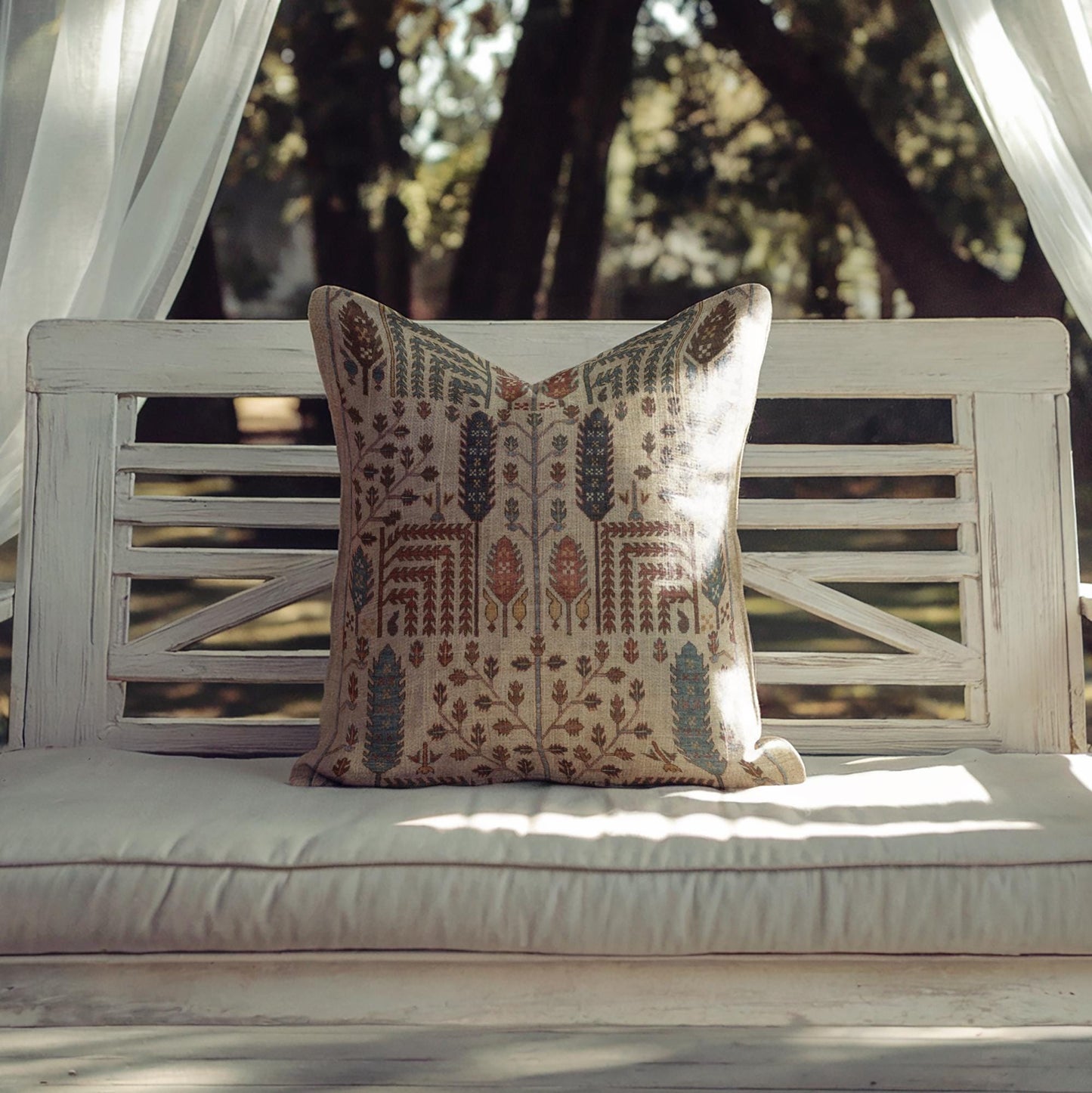 Rustic Cabin throw pillow with woven pattern styled on a sofa or bed