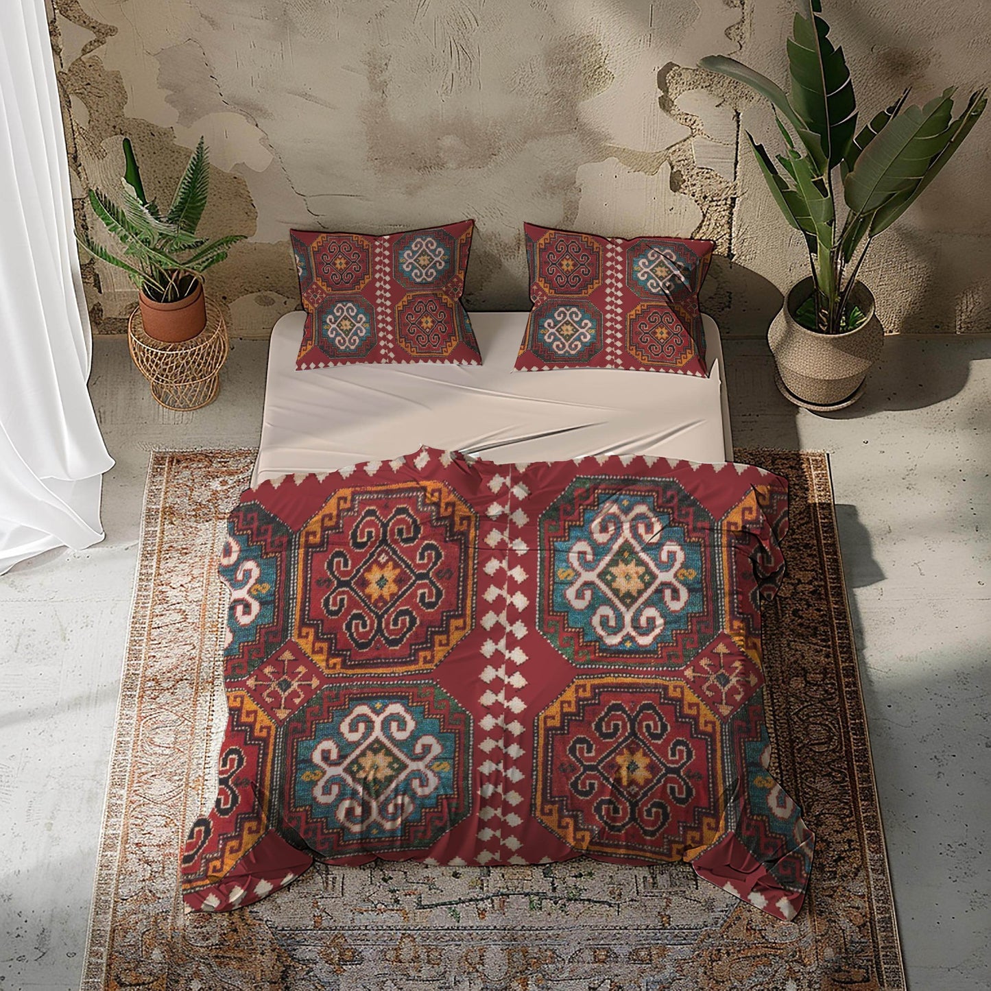 Caucasian Rug Duvet - Armenian Pattern Bedding Set | Soft Breathable 3 Piece Cover - timelessbohochic.com