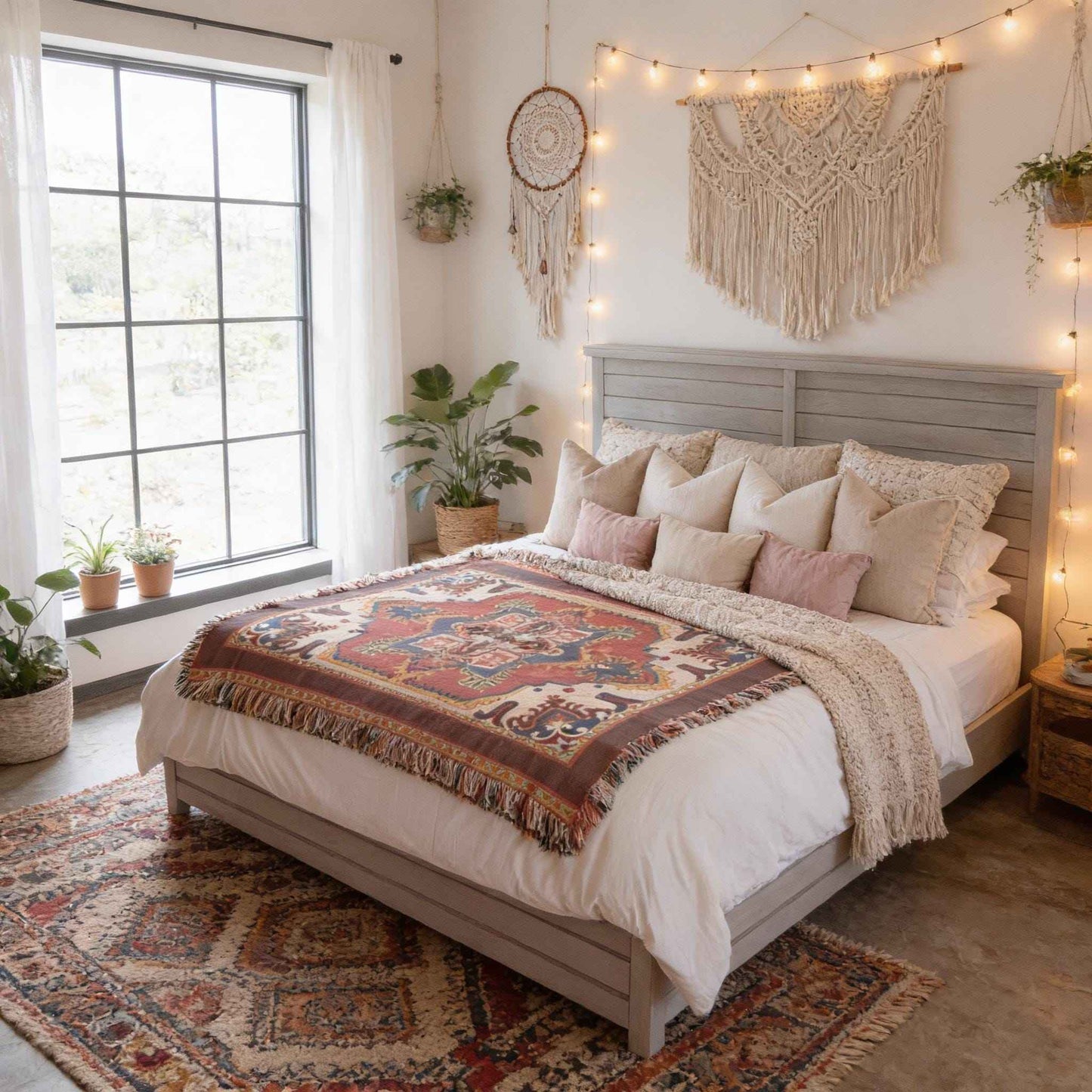 Anatolian Inspired woven blanket with rug-style pattern styled for layered home decor