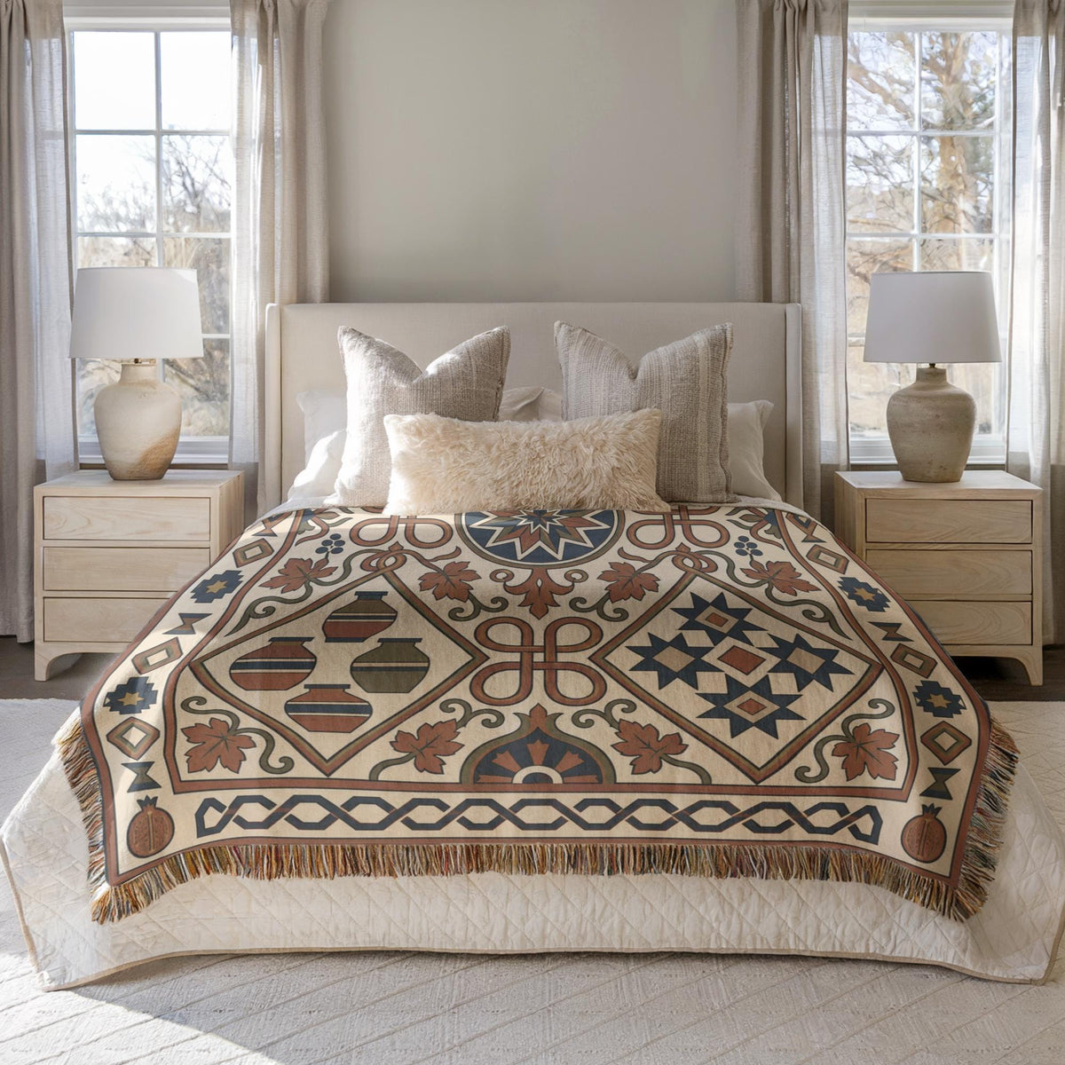 Rust and teal woven cotton bed throw blanket, close view of the geometric pattern