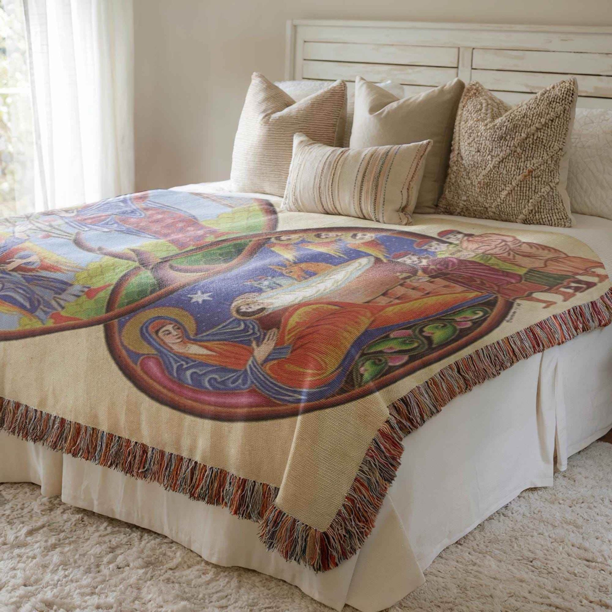 Armenian Nativity Throw Blanket – Large Cotton Cozy Holiday Throw with Colorful Tapestry - timelessbohochic.com