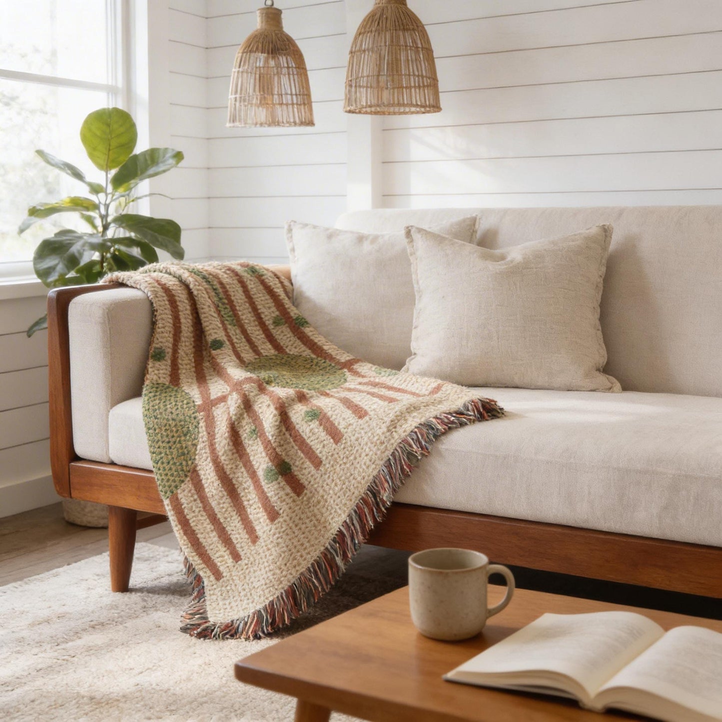 Modern Geometric woven blanket with geometric pattern styled for layered home decor