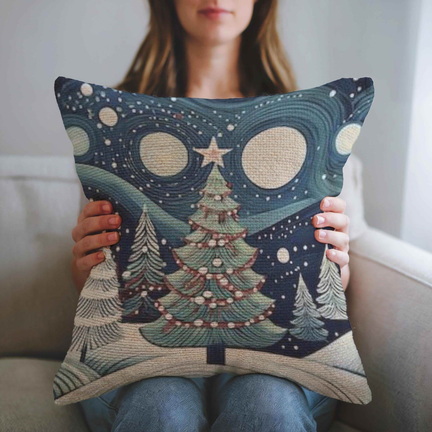 Christmas Throw Pillow - Handwoven Folk Art Cushion with Forest Landscape Design - timelessbohochic.com