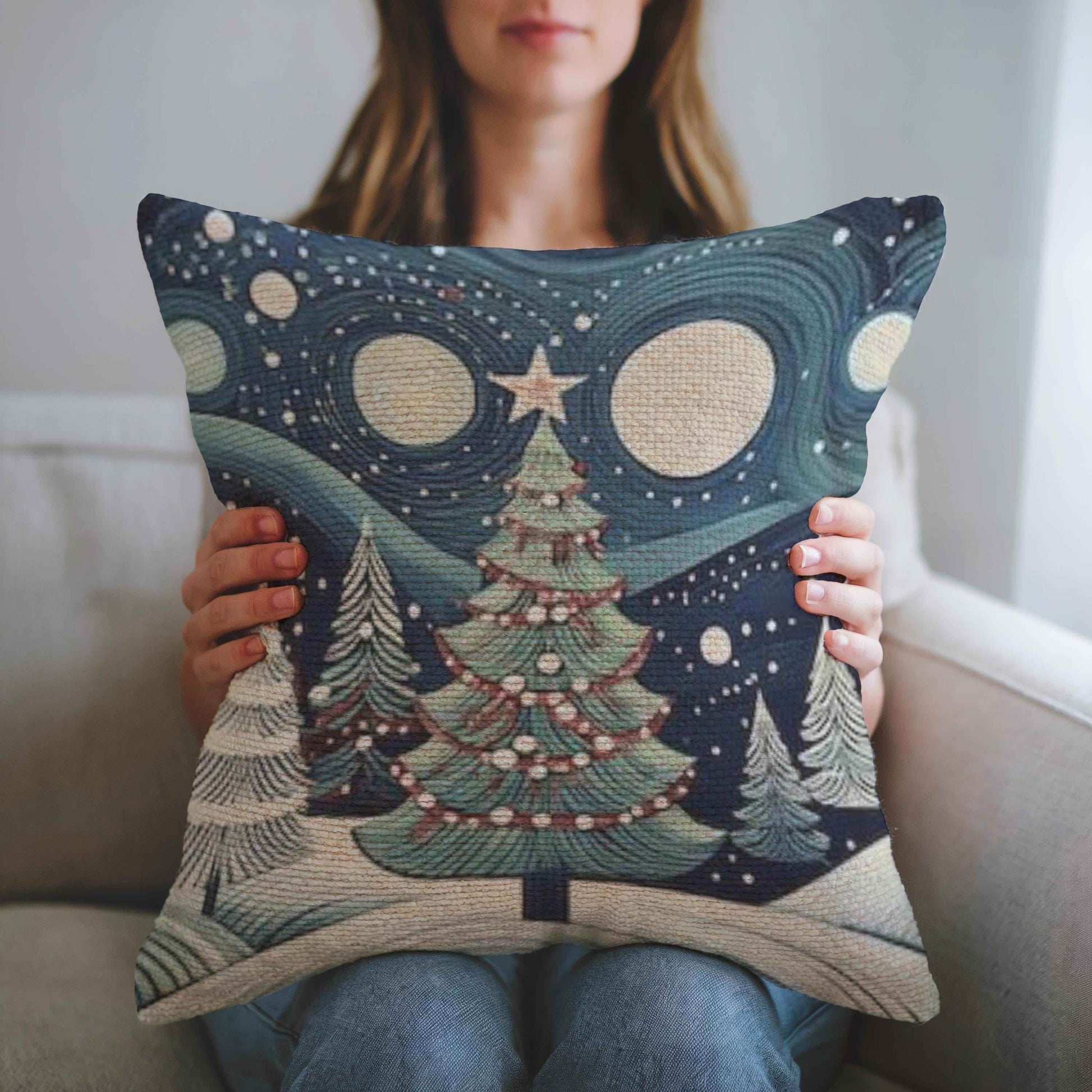 Christmas Throw Pillow - Handwoven Folk Art Cushion with Forest Landscape Design - timelessbohochic.com