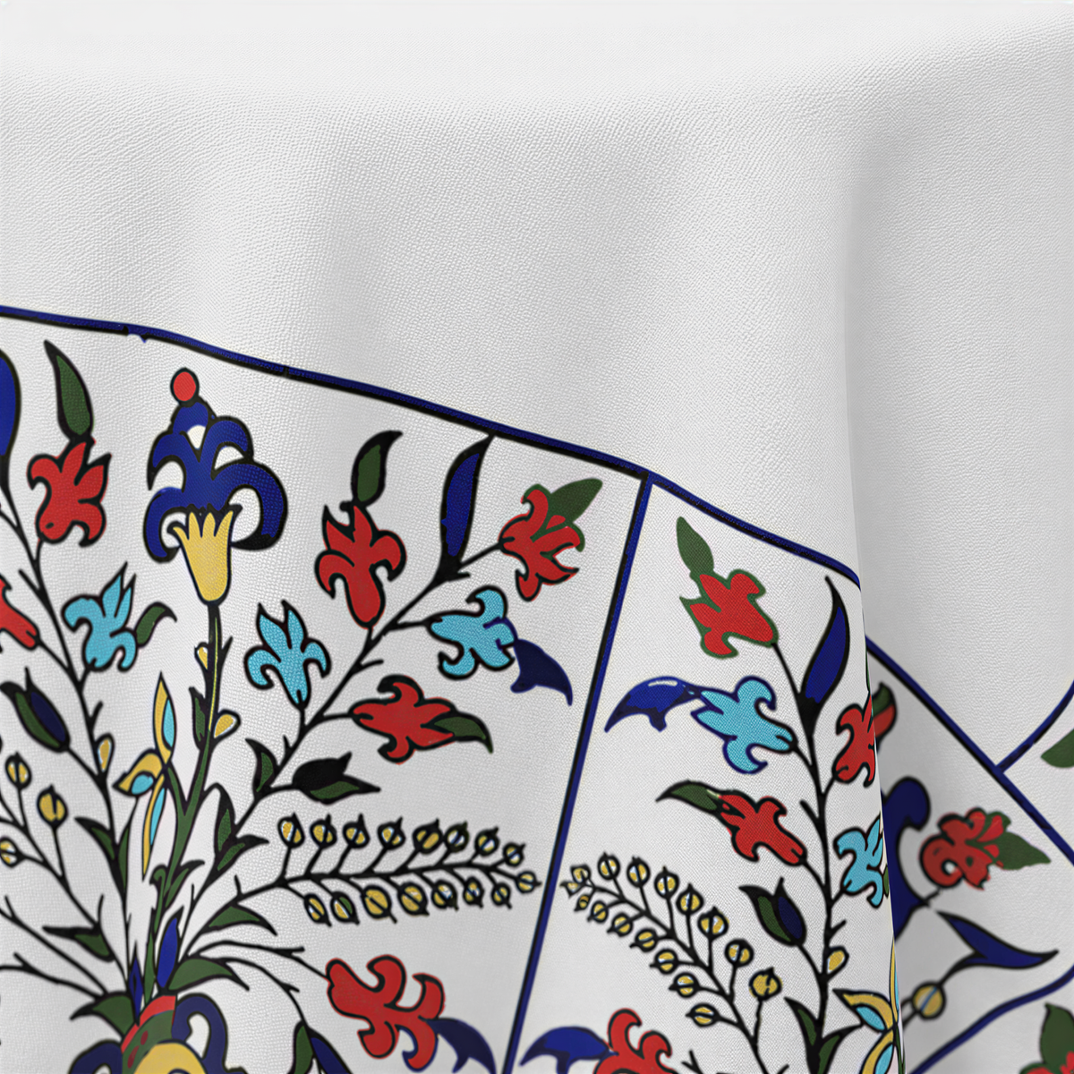 Close view of the painted border of red, blue and yellow flowers and vines on white