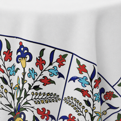 Close view of the painted border of red, blue and yellow flowers and vines on white