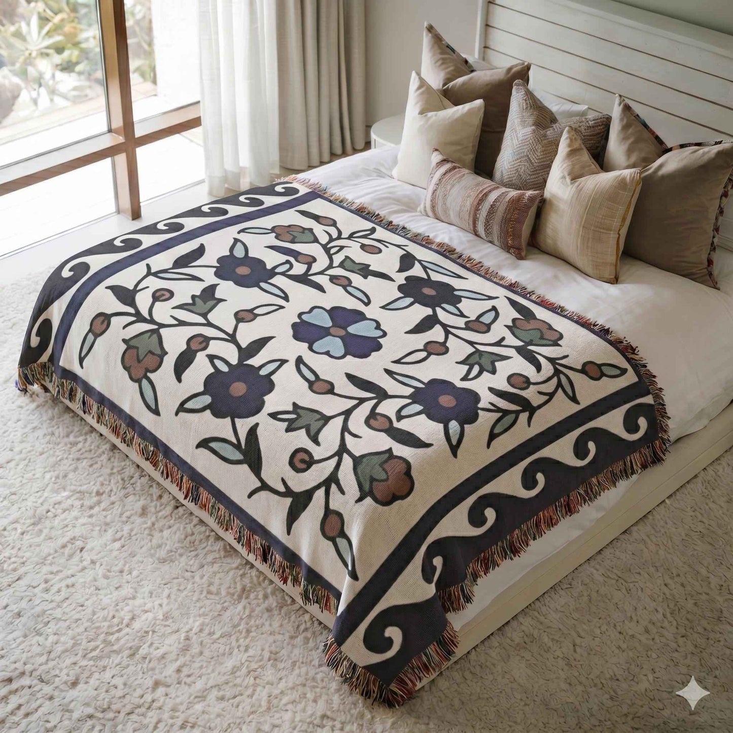 Anatolian Inspired woven blanket with woven pattern styled for layered home decor