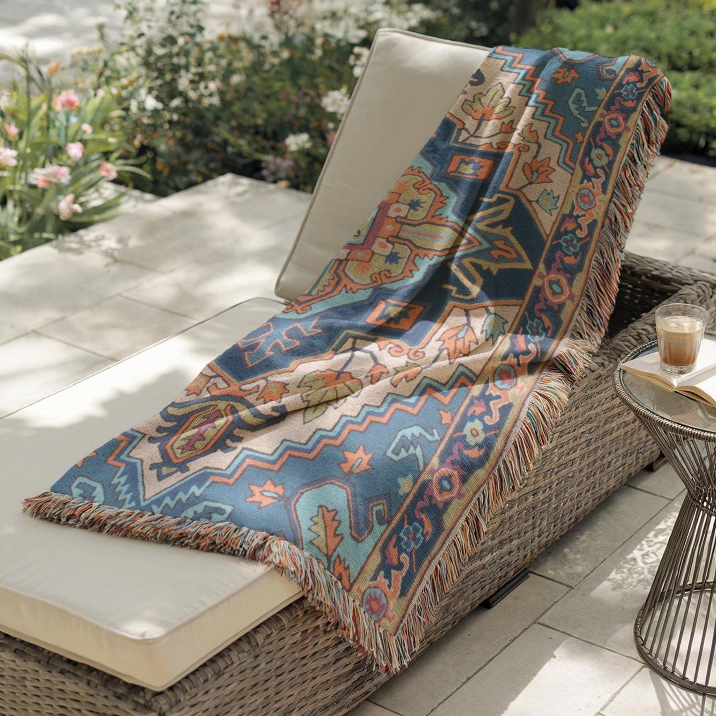 Moroccan Inspired outdoor woven throw blanket with rug-style pattern for patio styling