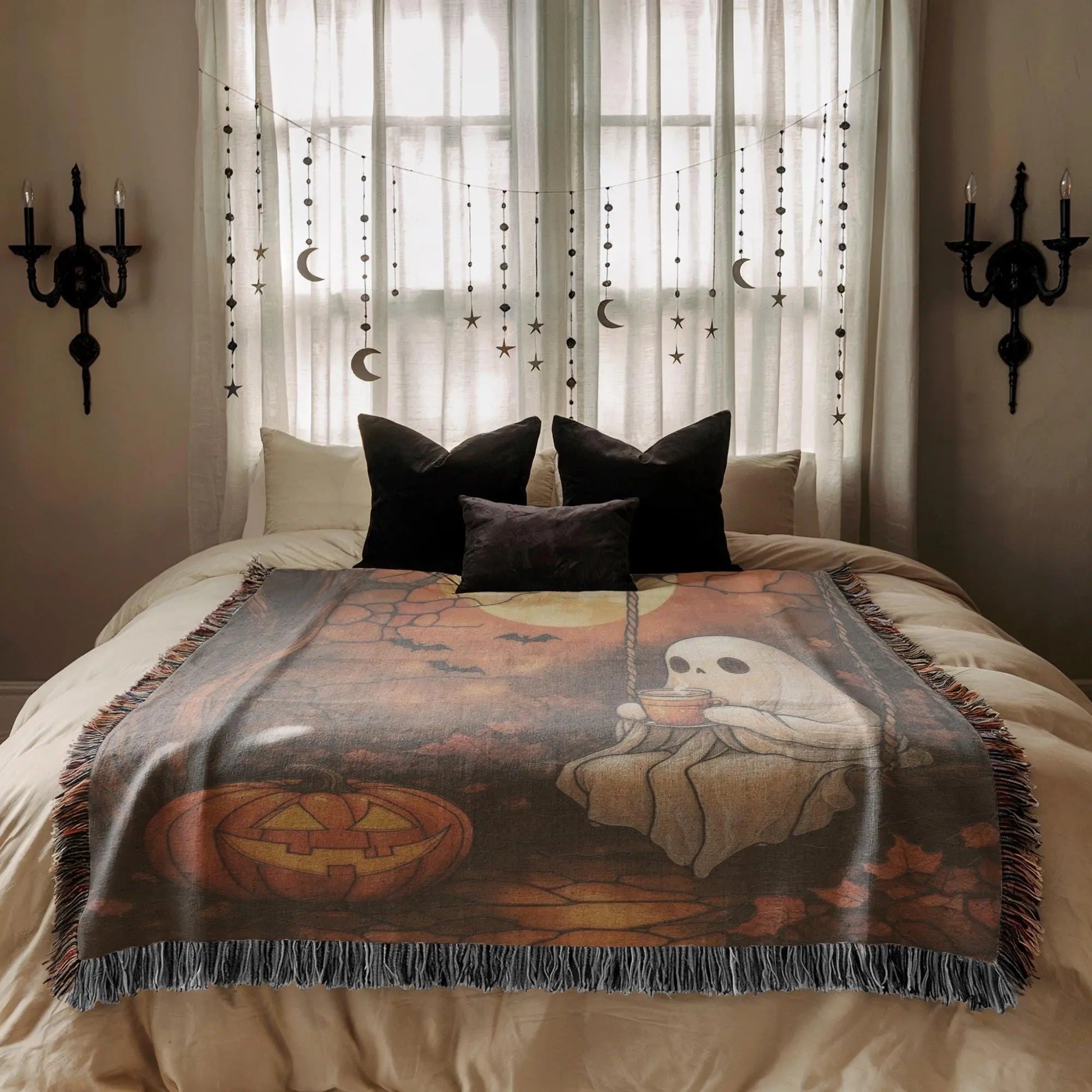 Halloween Throw Blanket - Cozy Woven Cotton Fabric Lap Blanket With Pumpkin Moon Design