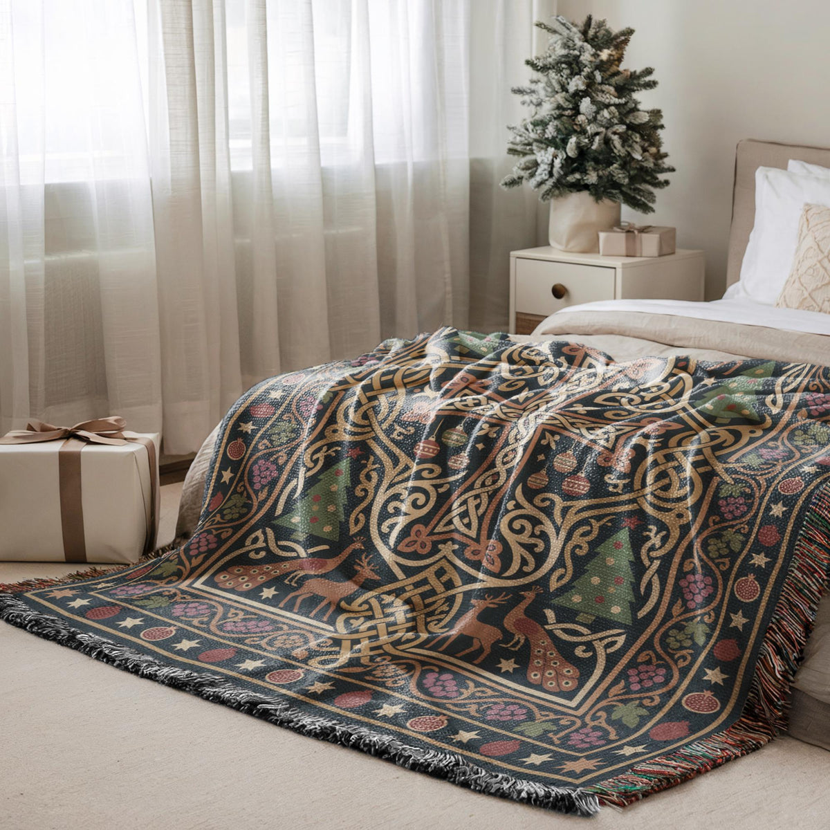a cozy bedroom scene with a bed, a decorative blanket, a small Christmas tree, and a gift box on the floor.