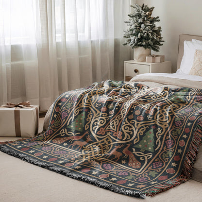 a cozy bedroom scene with a bed, a decorative blanket, a small Christmas tree, and a gift box on the floor.