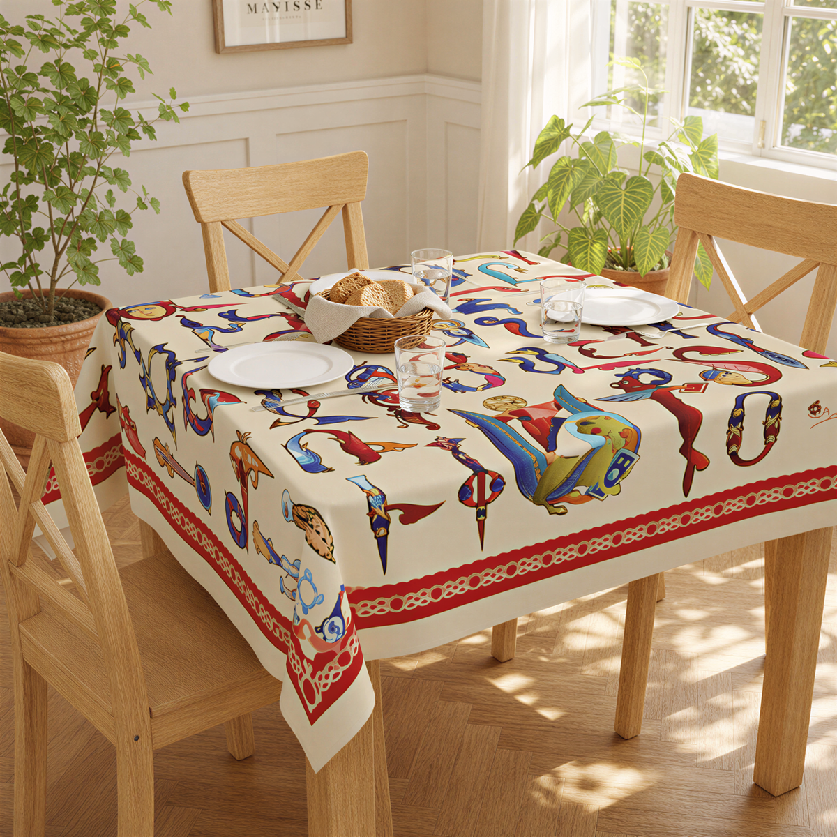 Armenian bird letter tablecloth on a table with wooden chairs, plates and a red border