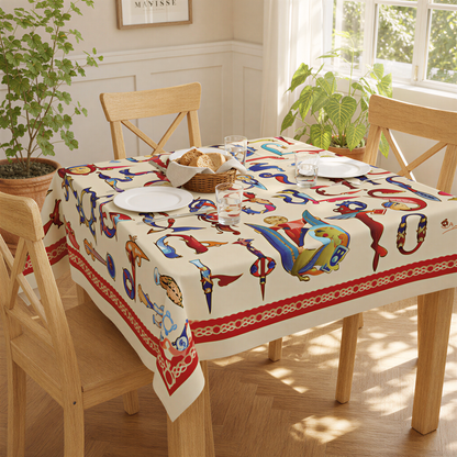 Armenian bird letter tablecloth on a table with wooden chairs, plates and a red border