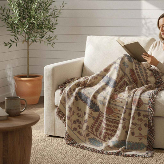 Anatolian Inspired woven blanket with rug-style pattern styled for layered home decor