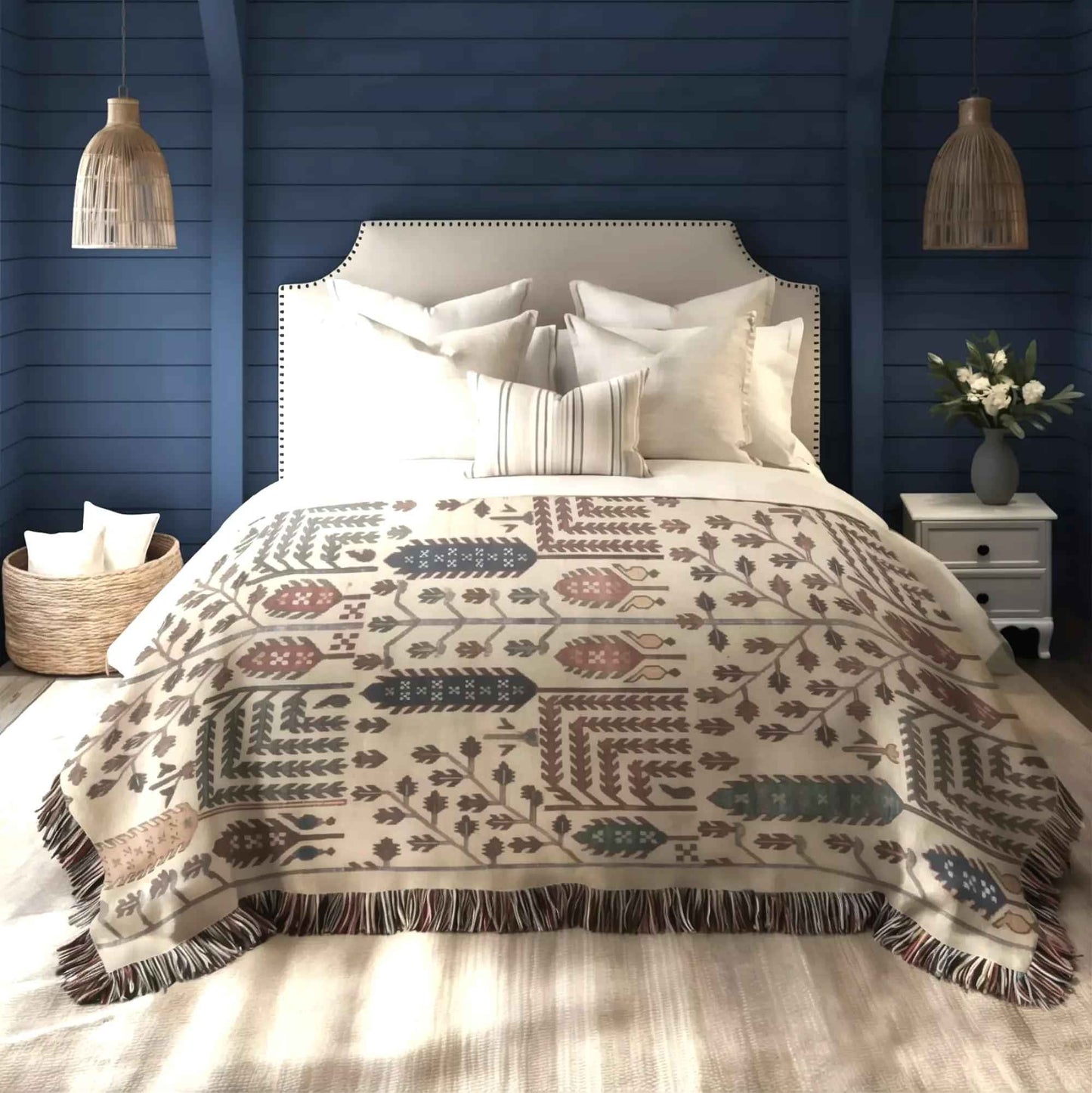 Anatolian Inspired woven blanket with rug-style pattern styled for layered home decor