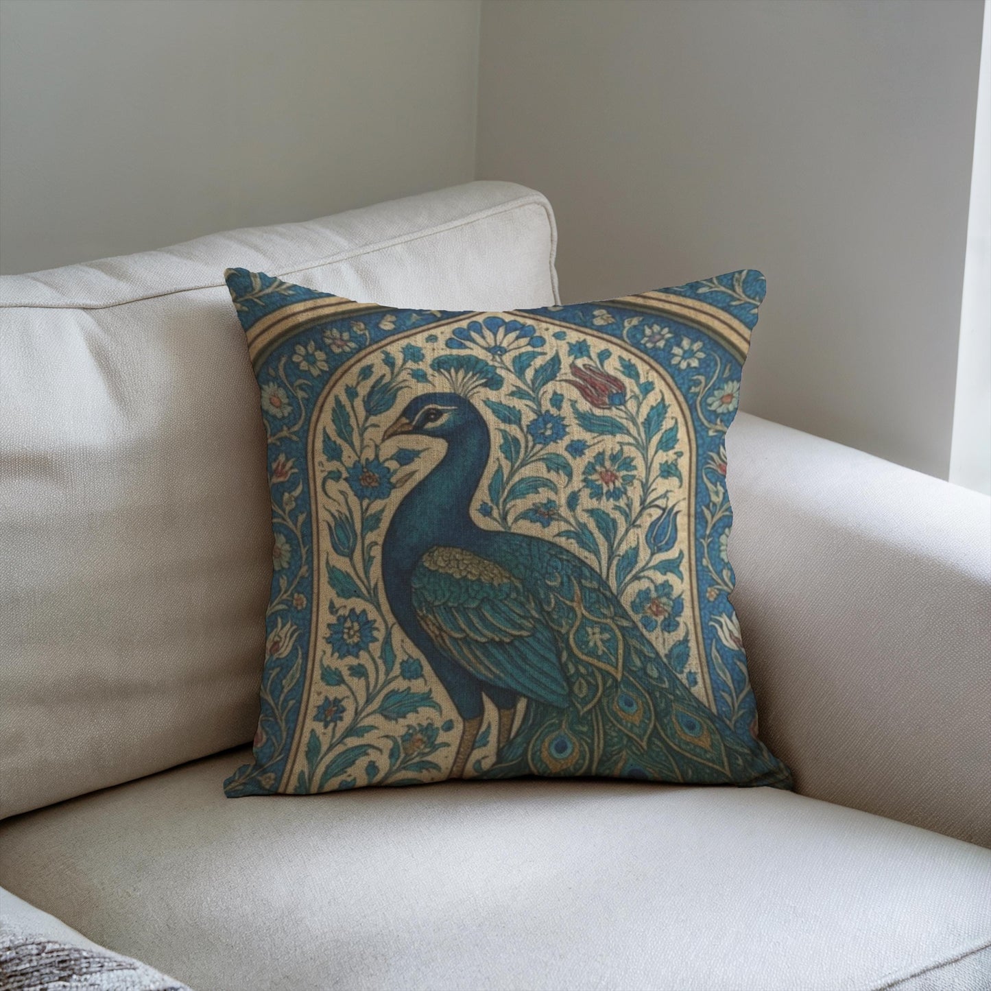 Modern Geometric throw pillow with geometric pattern styled on a sofa or bed