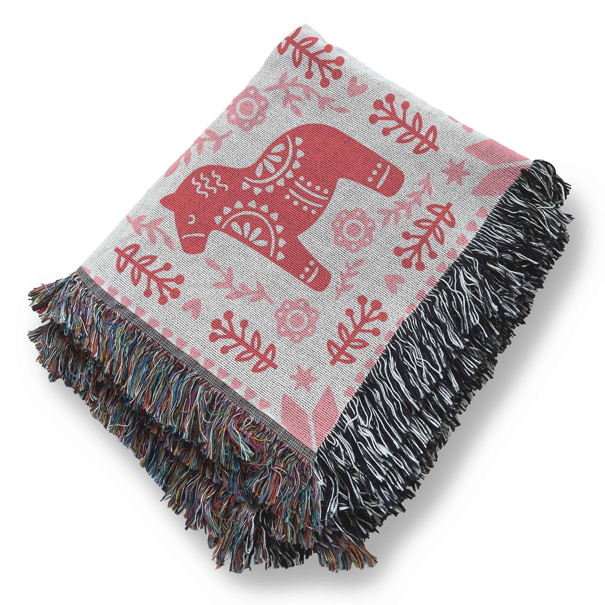 Dala Horse Throw Blanket – Scandinavian Throw With Colorful Fringe, Cozy Cotton Yarn - timelessbohochic.com