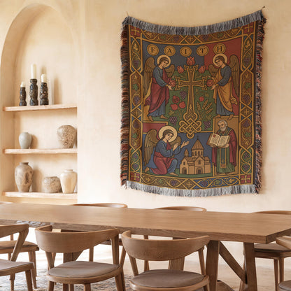 Armenian Christian wall tapestry over a dining table alcove, Virgin Mary and Mount Ararat motifs, ideal Christian prayer room decor.