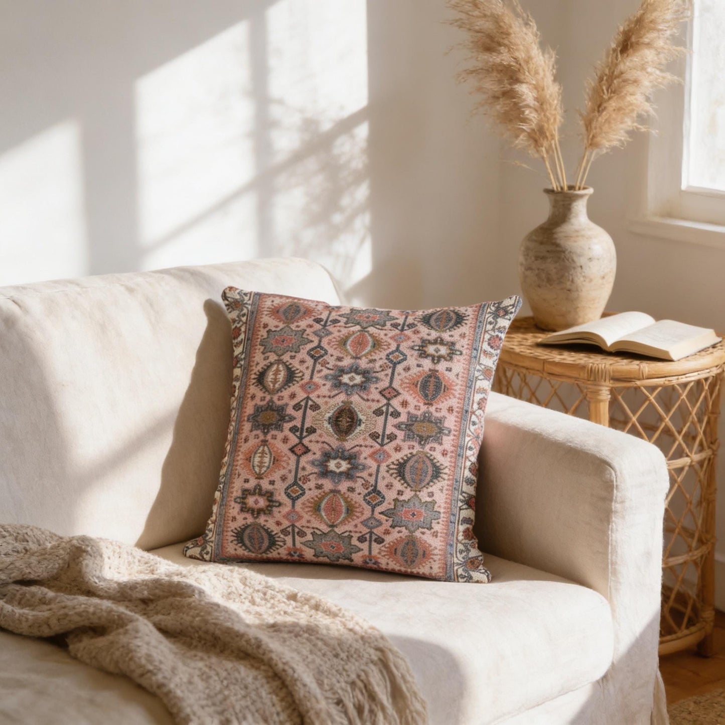 Anatolian Inspired throw pillow with rug-style pattern styled on a sofa or bed