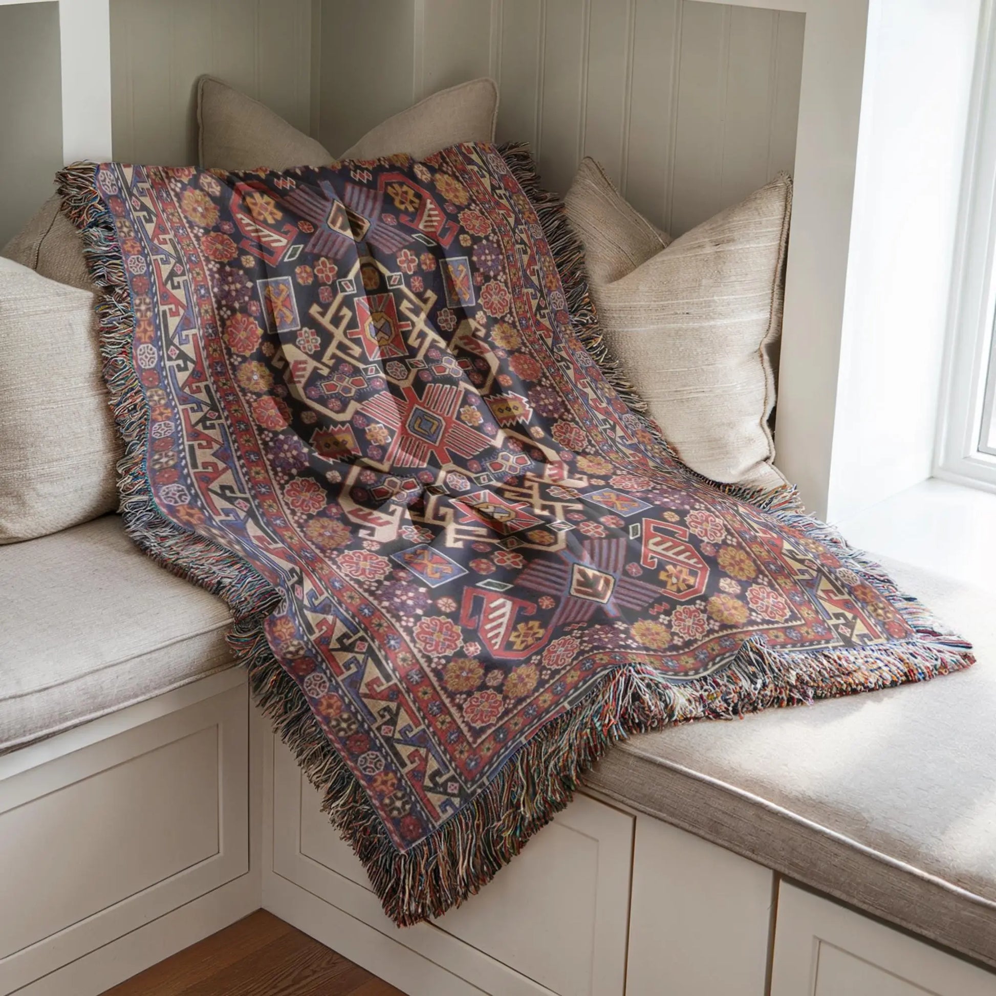 Cotton Throw Blanket – Boho Turkish Rug Patterned Woven Textile with Fringed Edges
