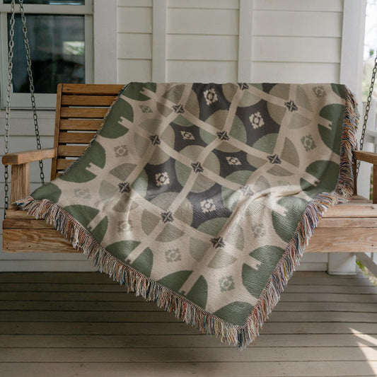 Woven Tapestry Wall Hanging - Mid Century Modern Green Beige Geometric Textile Art