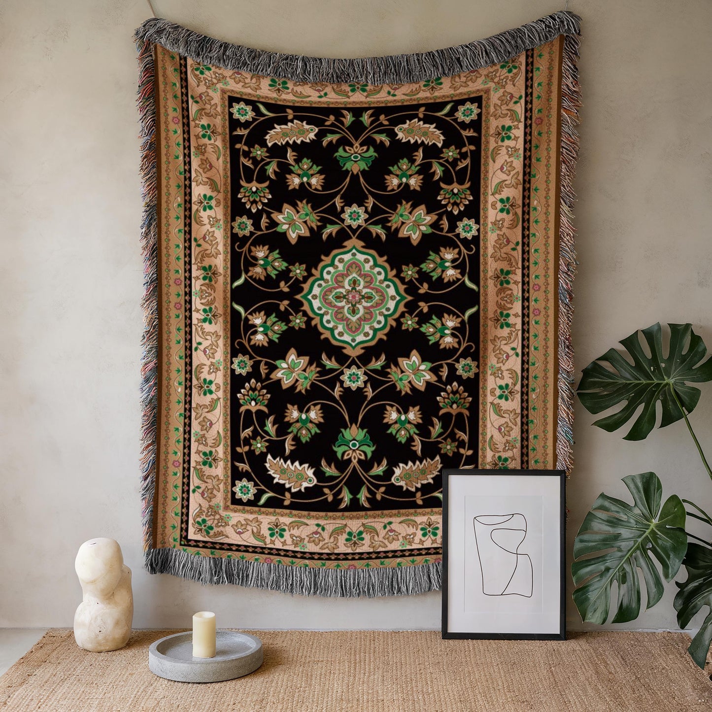 Caucasian Rug Inspired woven wall tapestry with geometric pattern styled as textile wall decor