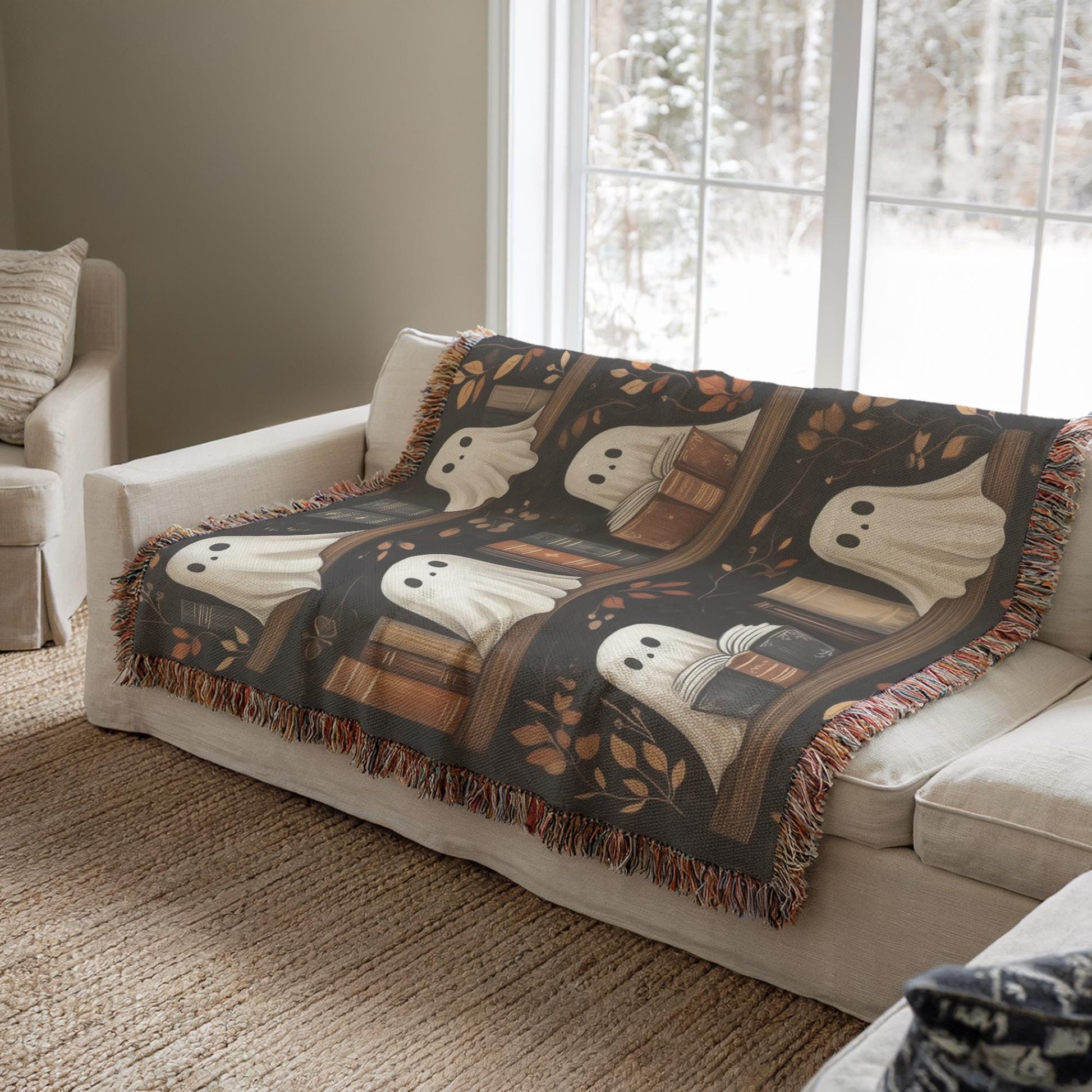 Halloween Blanket | Spooky Sofa Throw With Ghost Bookshelf Decor & Colorful Fringed Edges