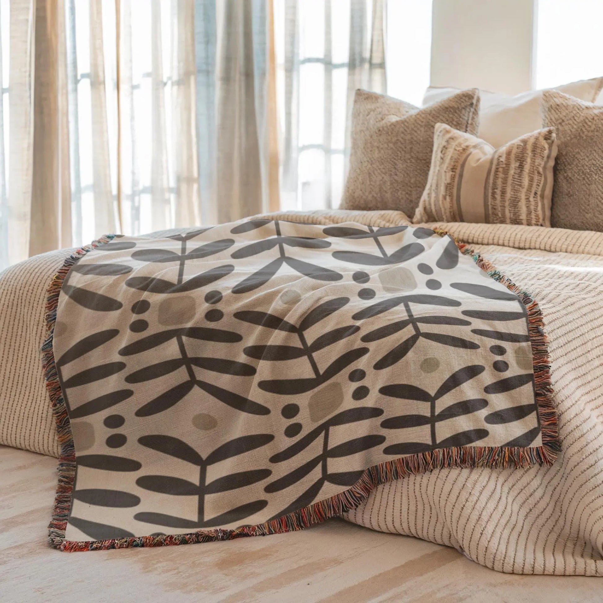 Woven Blanket Cozy Throw - Mid Century Modern Scandi Nordic Floral Home Decor Accent