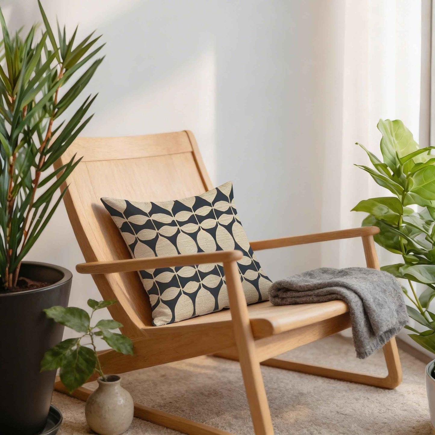 Scandinavian Inspired pillow cover with geometric pattern styled on a sofa or bed