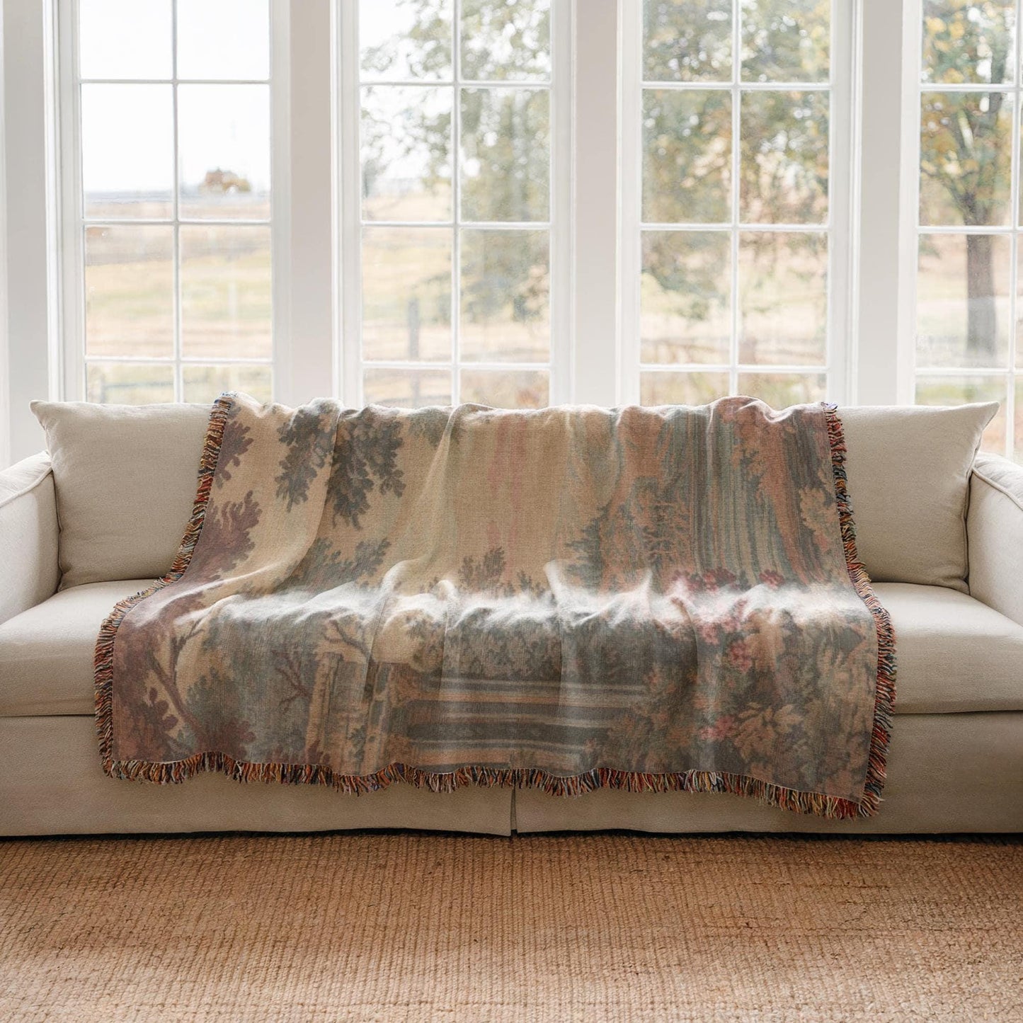 Modern Geometric woven blanket with geometric pattern styled for layered home decor