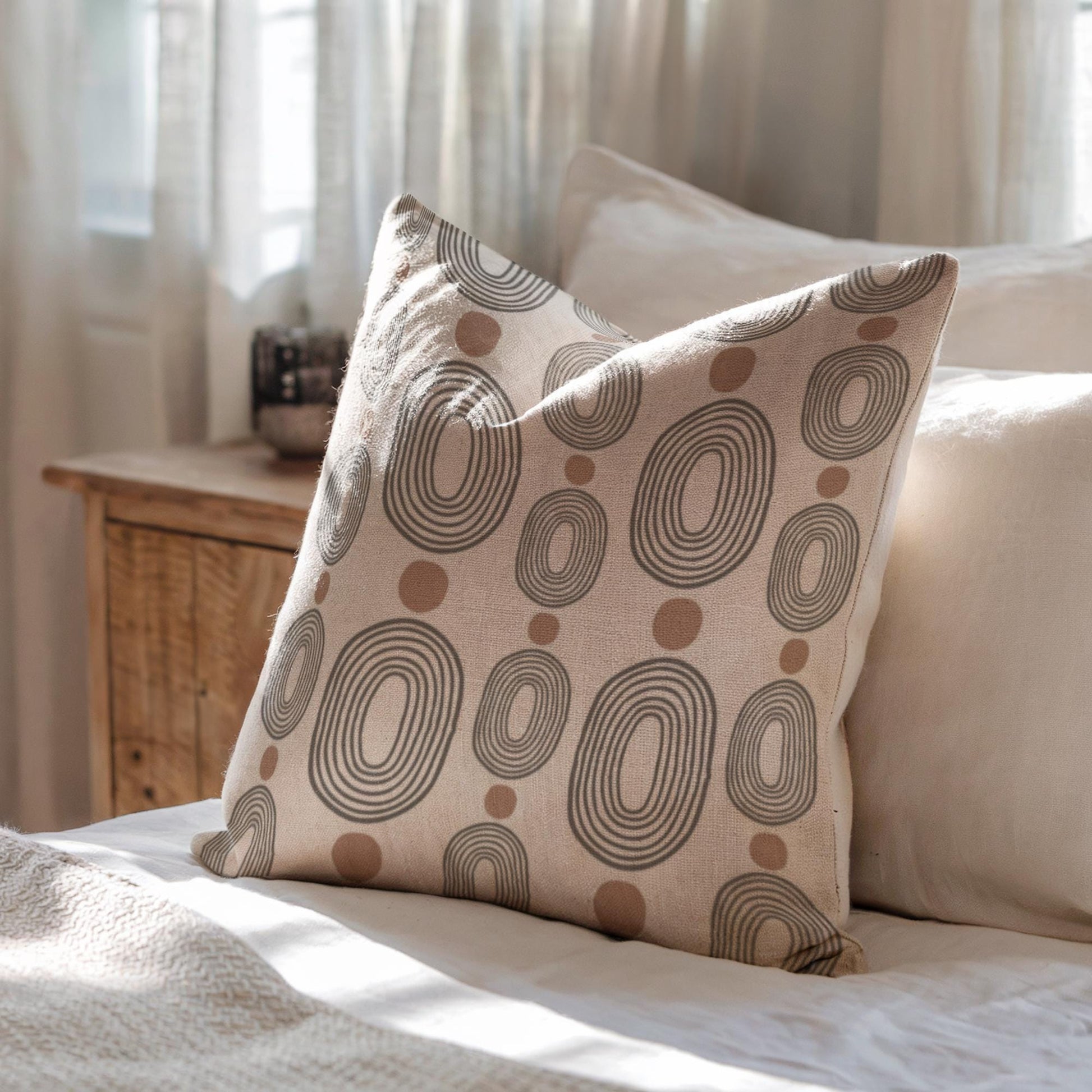 Woven Decorative Pillow - Modern Boho Throw Pillow with Black Ovals & Rust Dots