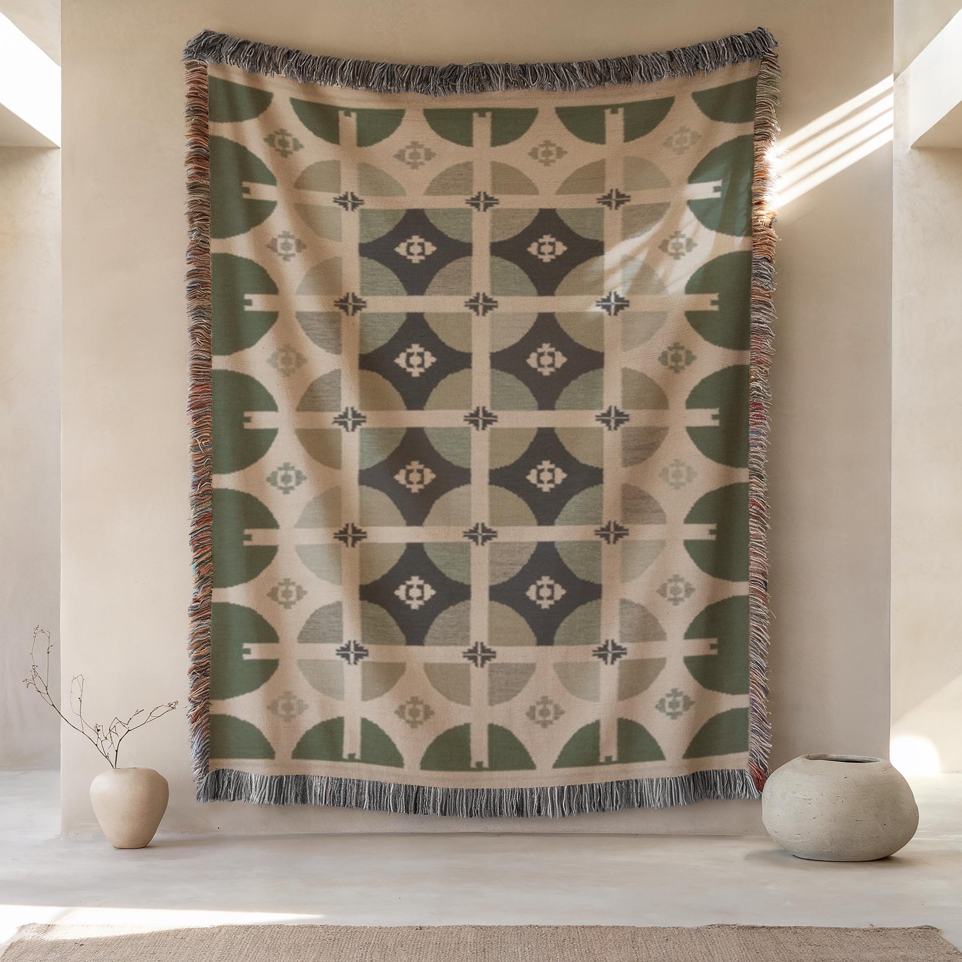 Modern Throw Blanket Set - Mid Century Bedding With Woven Cotton Throw & Sage Green Pillow