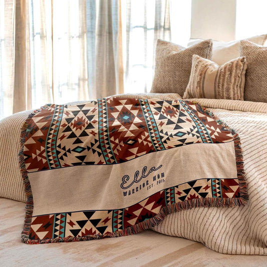 Southwestern Throw Blanket - Cozy Boho Sofa Wrap With Tribal Pattern & Colorful Fringed Edges - timelessbohochic.com