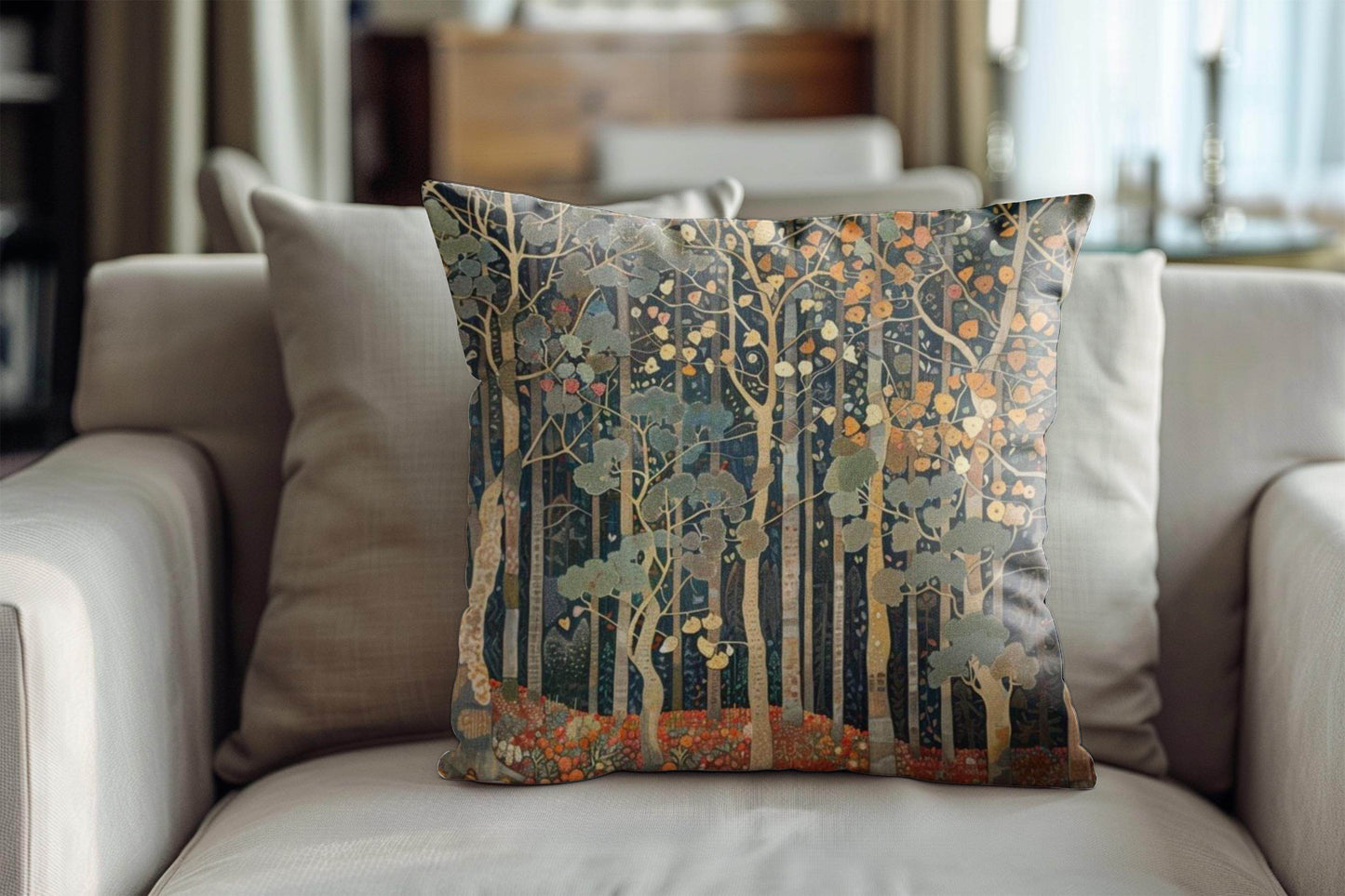 Art Deco Cushion - Retro Style Pillow with Forest Design | Woven Cotton 18x18 - timelessbohochic.com