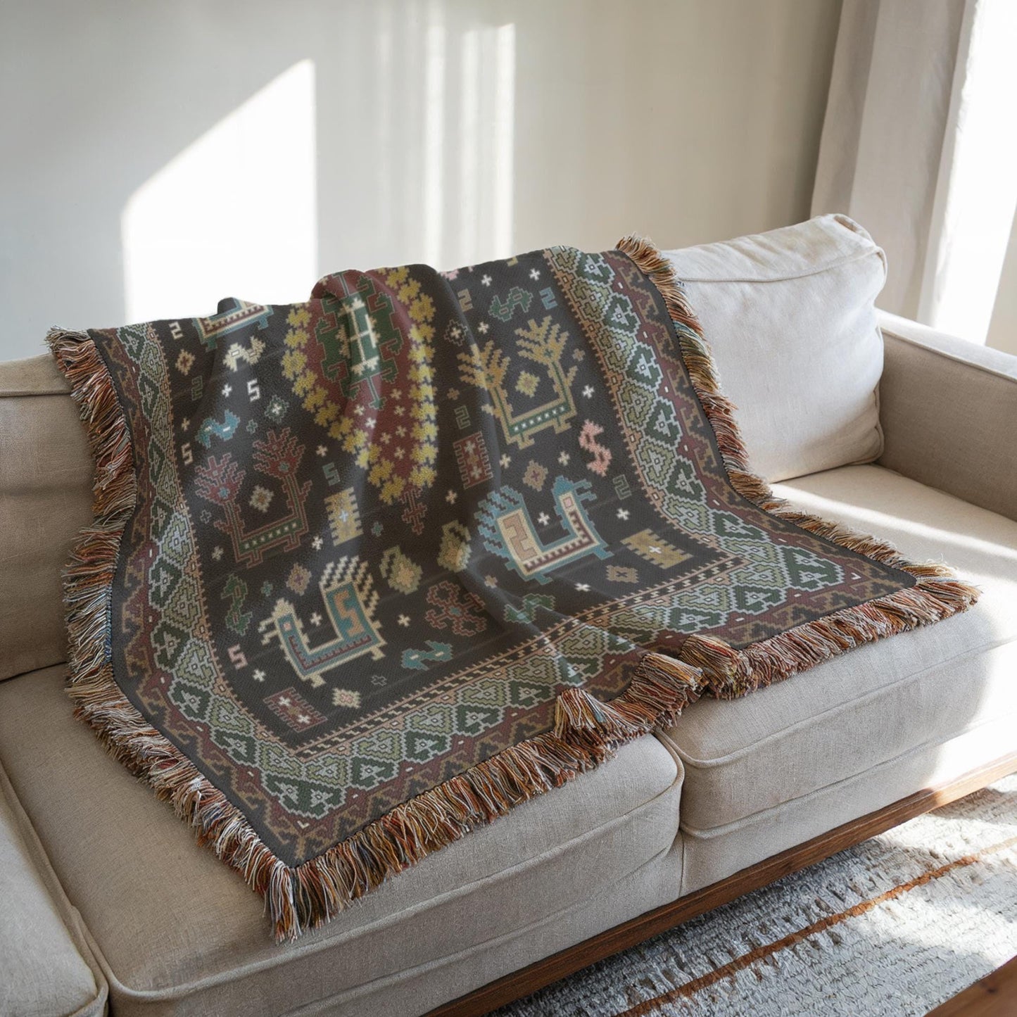Caucasian Rug Inspired woven wall tapestry with geometric pattern styled as textile wall decor