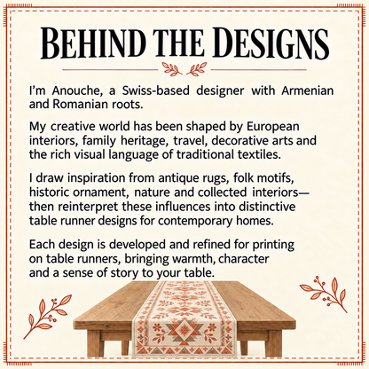 Behind the designs card: a note from Anouche, the designer, on her Armenian and Romanian roots